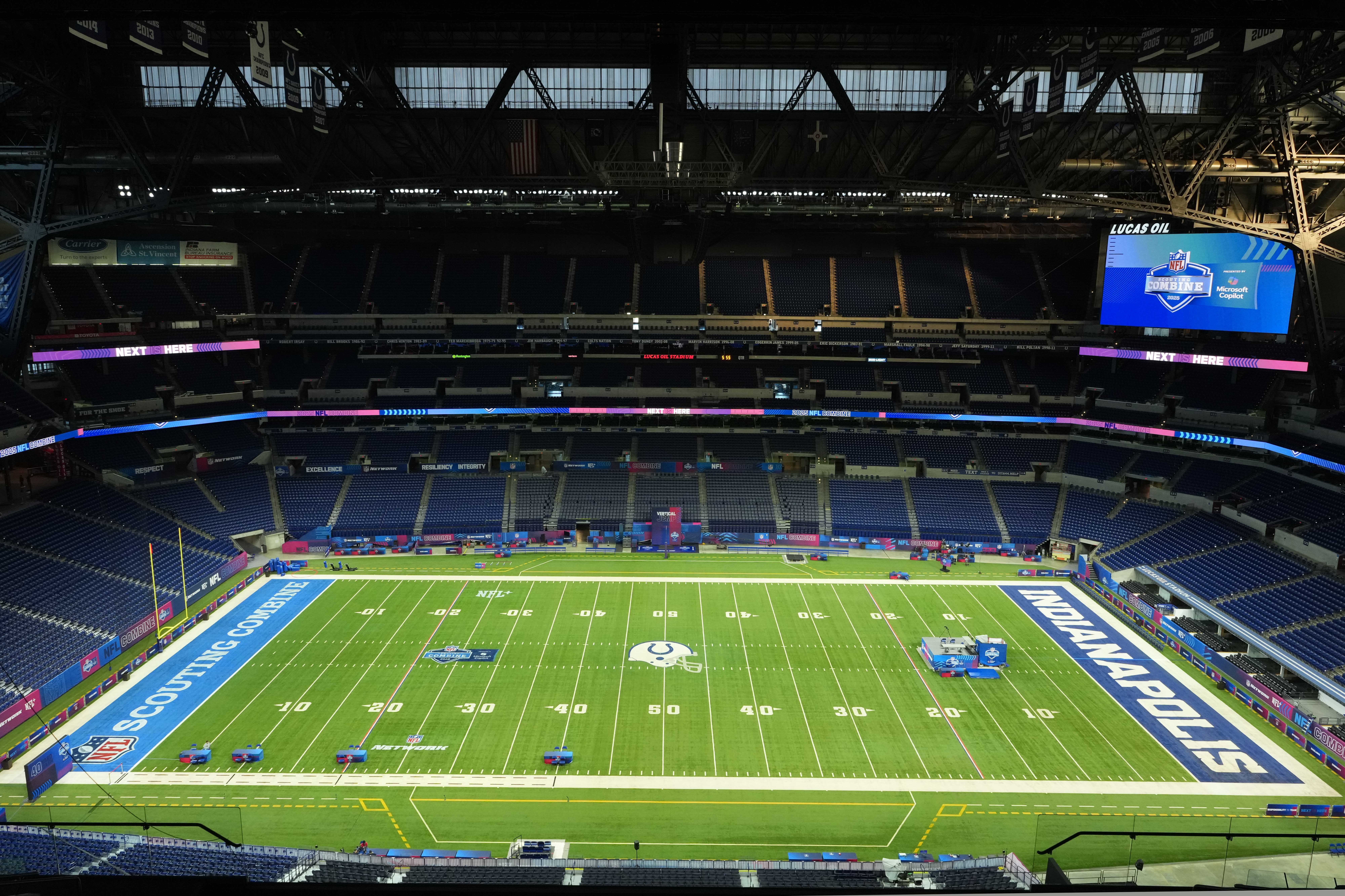 Feb 25, 2025; Indianapolis, IN, USA; A general overall view of Lucas Oil Stadium, the site of the 2025 NFL Scouting Combine and home of the Indianapolis Colts.