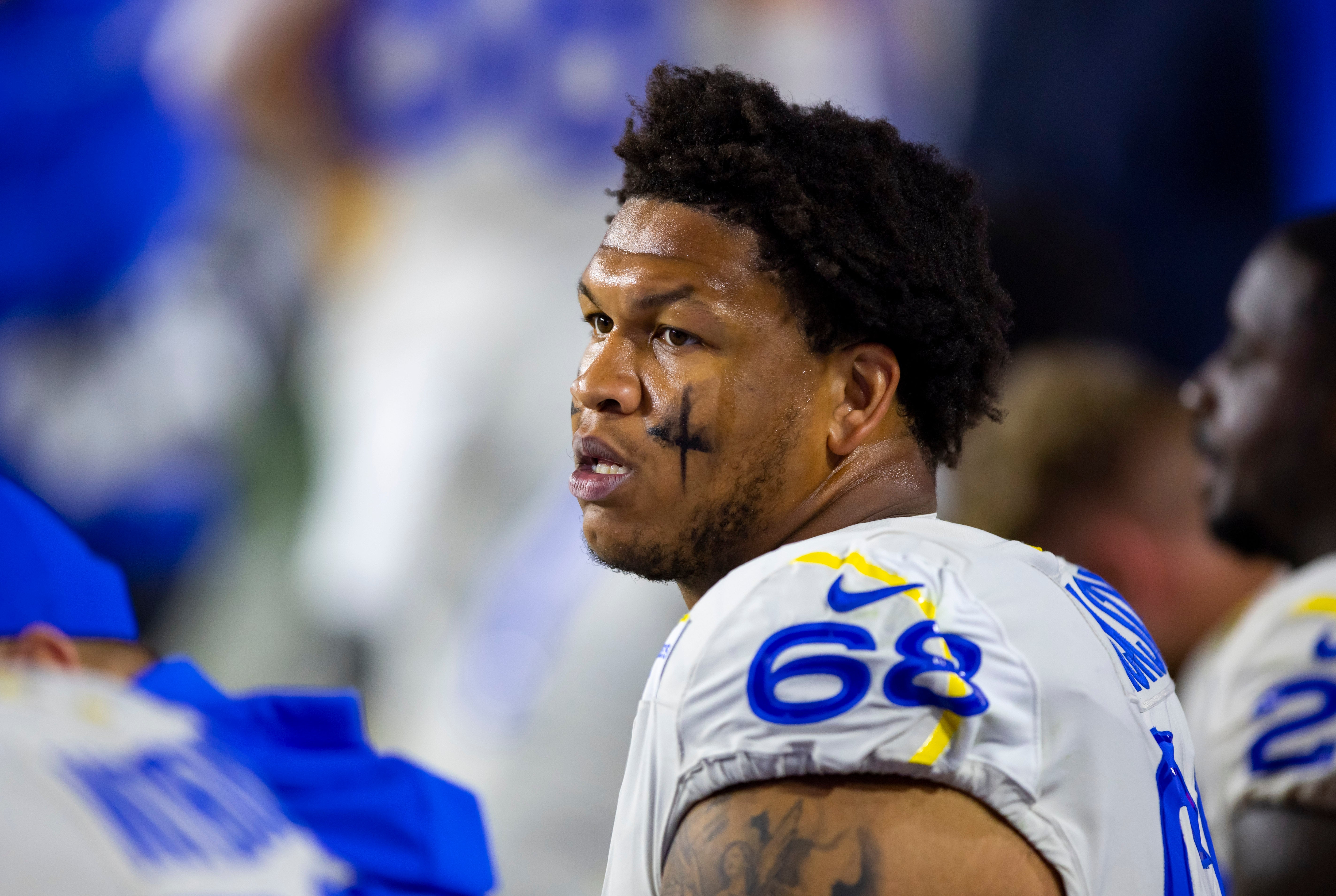 Dec 13, 2021; Glendale, Arizona, USA; Los Angeles Rams offensive tackle AJ Jackson (68) against the Arizona Cardinals at State Farm Stadium.