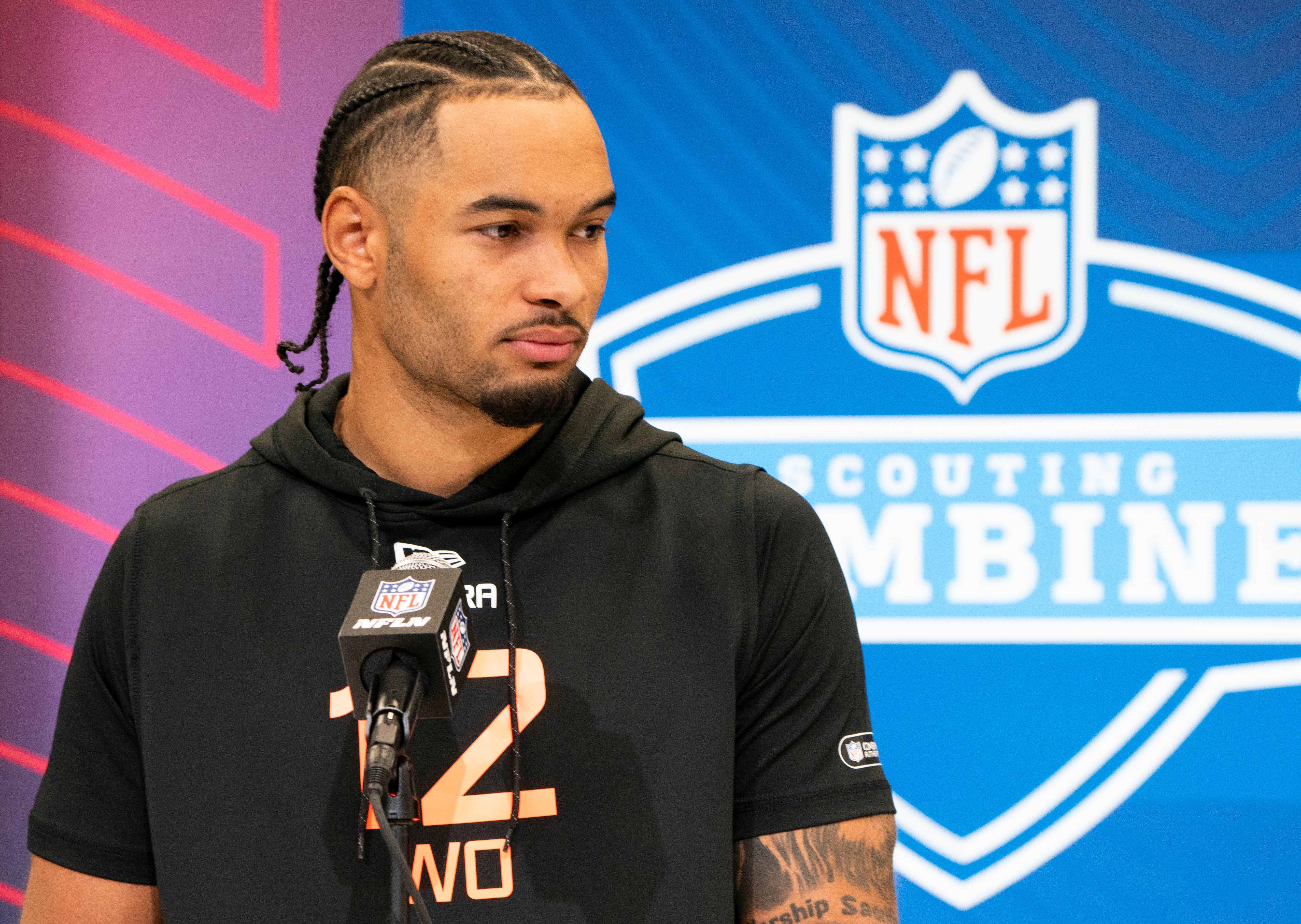 Ohio State wideout Emeka Egbuka (WO12) speaks during a press conference during the 2025 NFL Combine at Indiana Convention Center.
