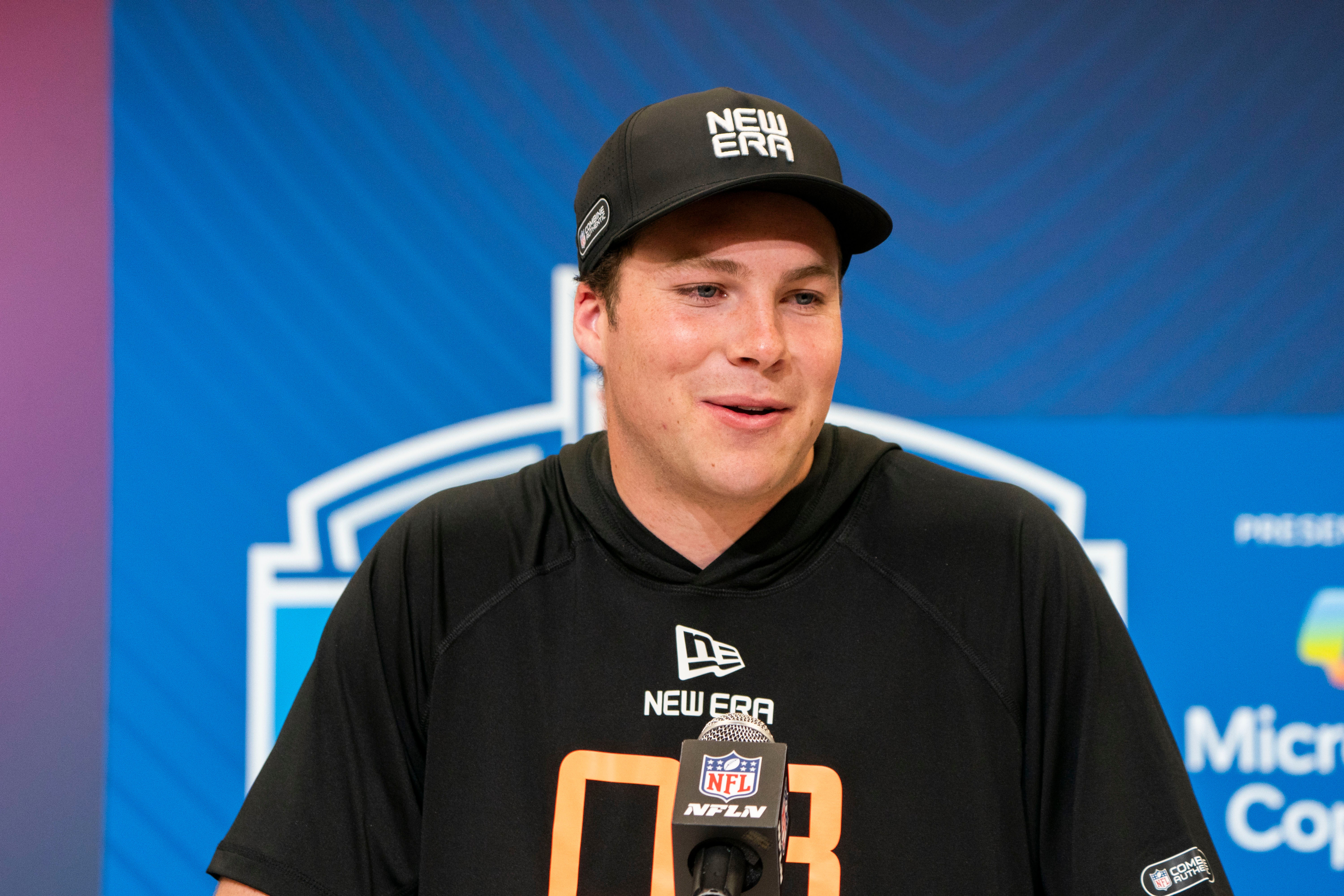 Notre Dame quarterback Riley Leonard (QB08) talks to the press during the 2025 NFL Combine at Indiana Convention Center.