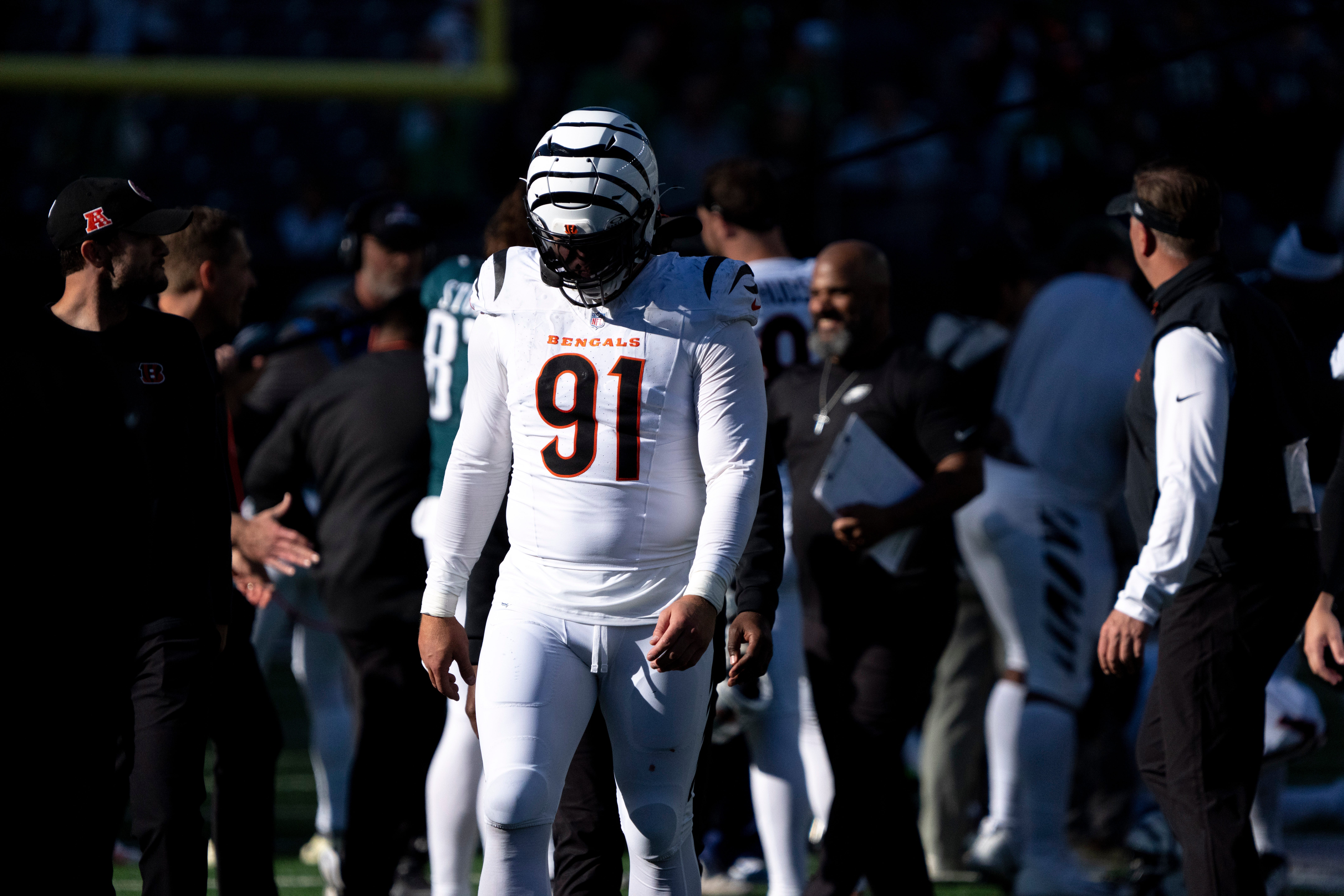Cincinnati Bengals defensive end Trey Hendrickson (91) walks off the field after the Cincinnati Bengals lost the NFL game against the Philadelphia Eagles at Paycor Stadium in Cincinnati on Sunday, Oct. 27, 2024.