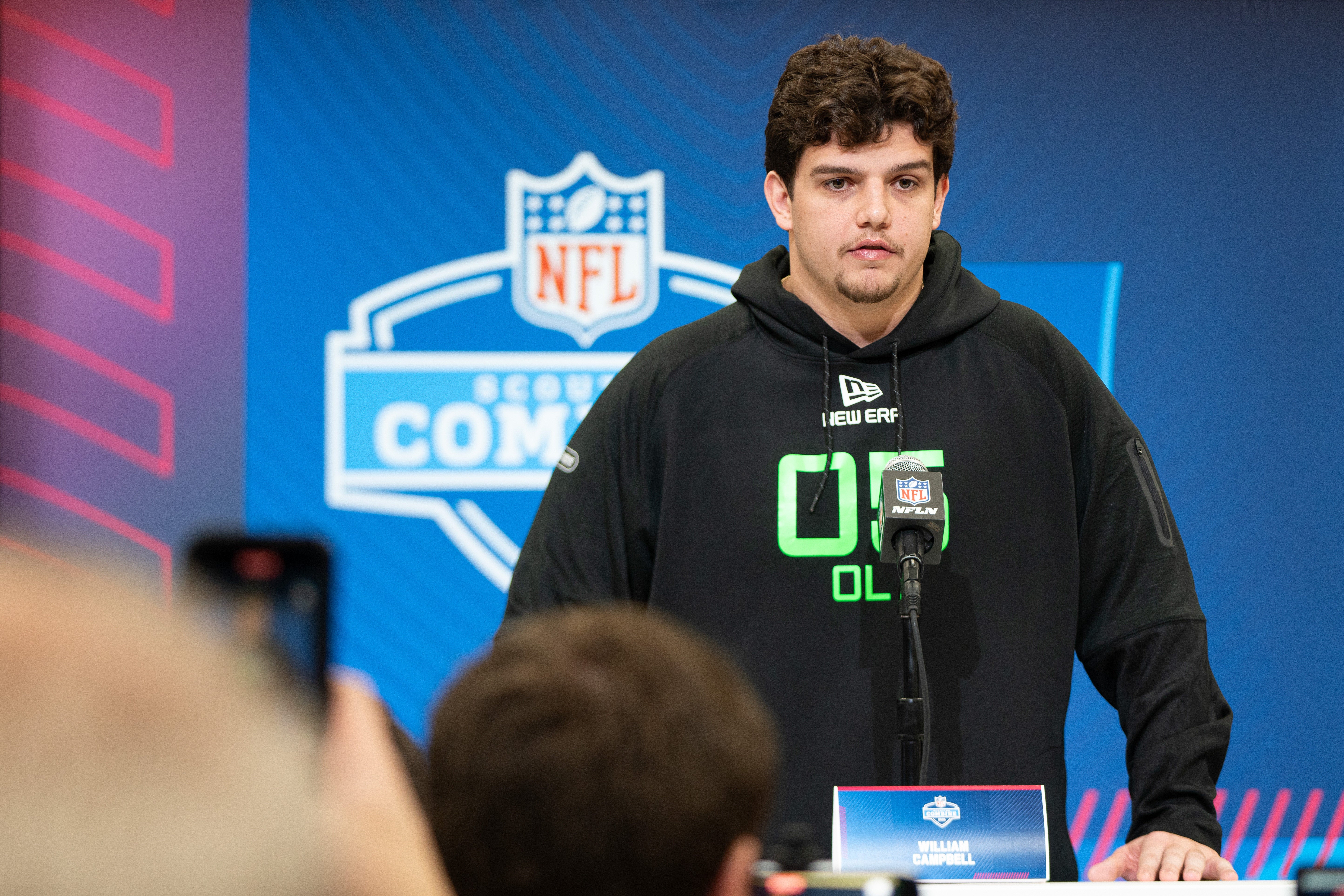 Louisiana State University offensive lineman Will Campbell (OL05) answers questions at a press conference during the 2025 NFL Combine at Indiana Convention Center.