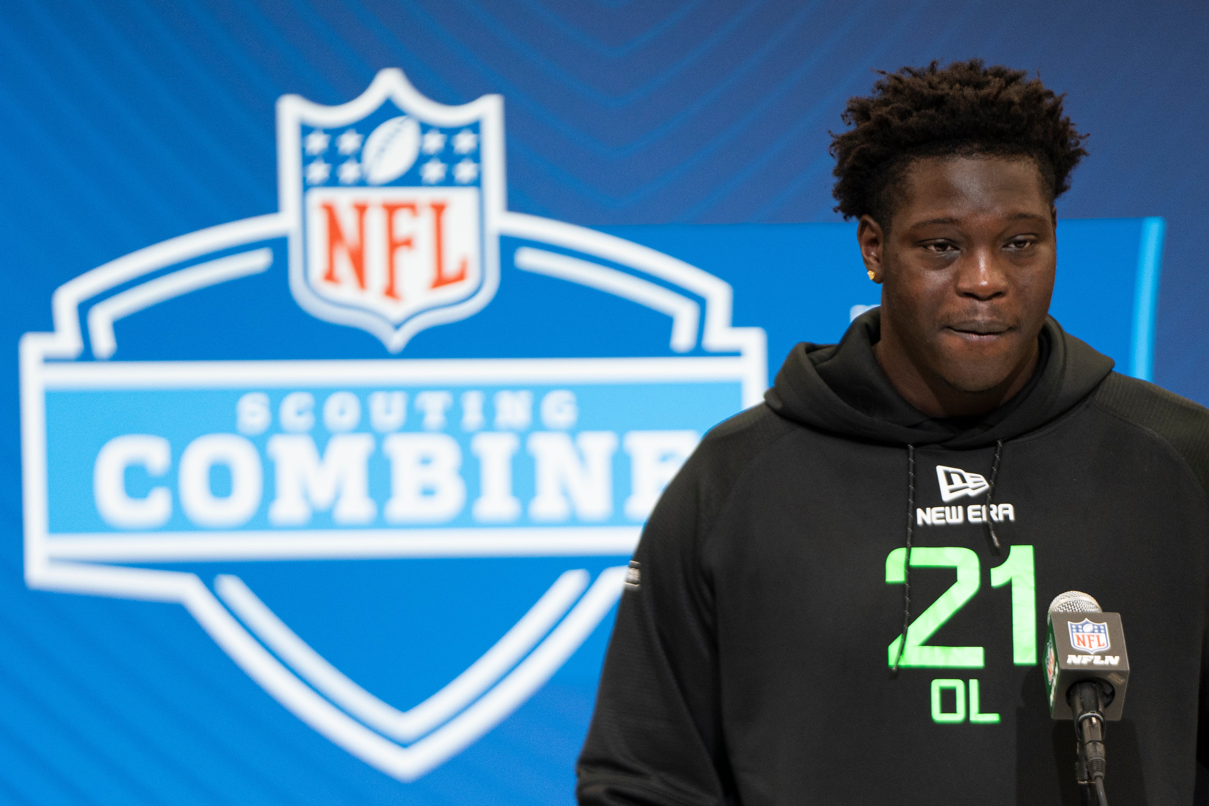 Mar 1, 2025; Indianapolis, IN, USA; Louisiana State offensive lineman Emery Jones (OL21) answers questions at a press conference during the 2025 NFL Combine at Indiana Convention Center.