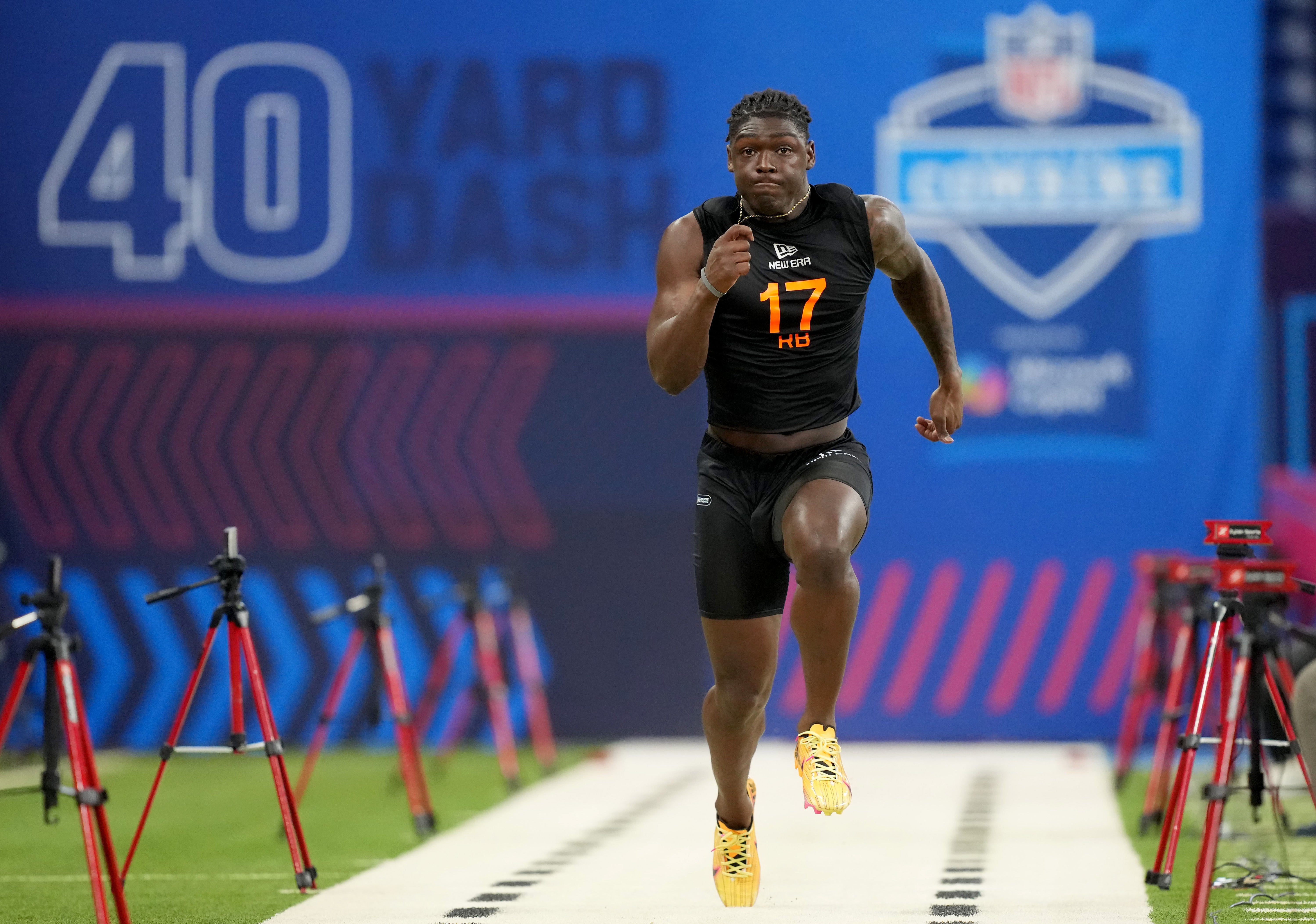Mar 1, 2025; Indianapolis, IN, USA; Florida running back Montrell Johnson (RB17) during the 2025 NFL Combine at Lucas Oil Stadium.
