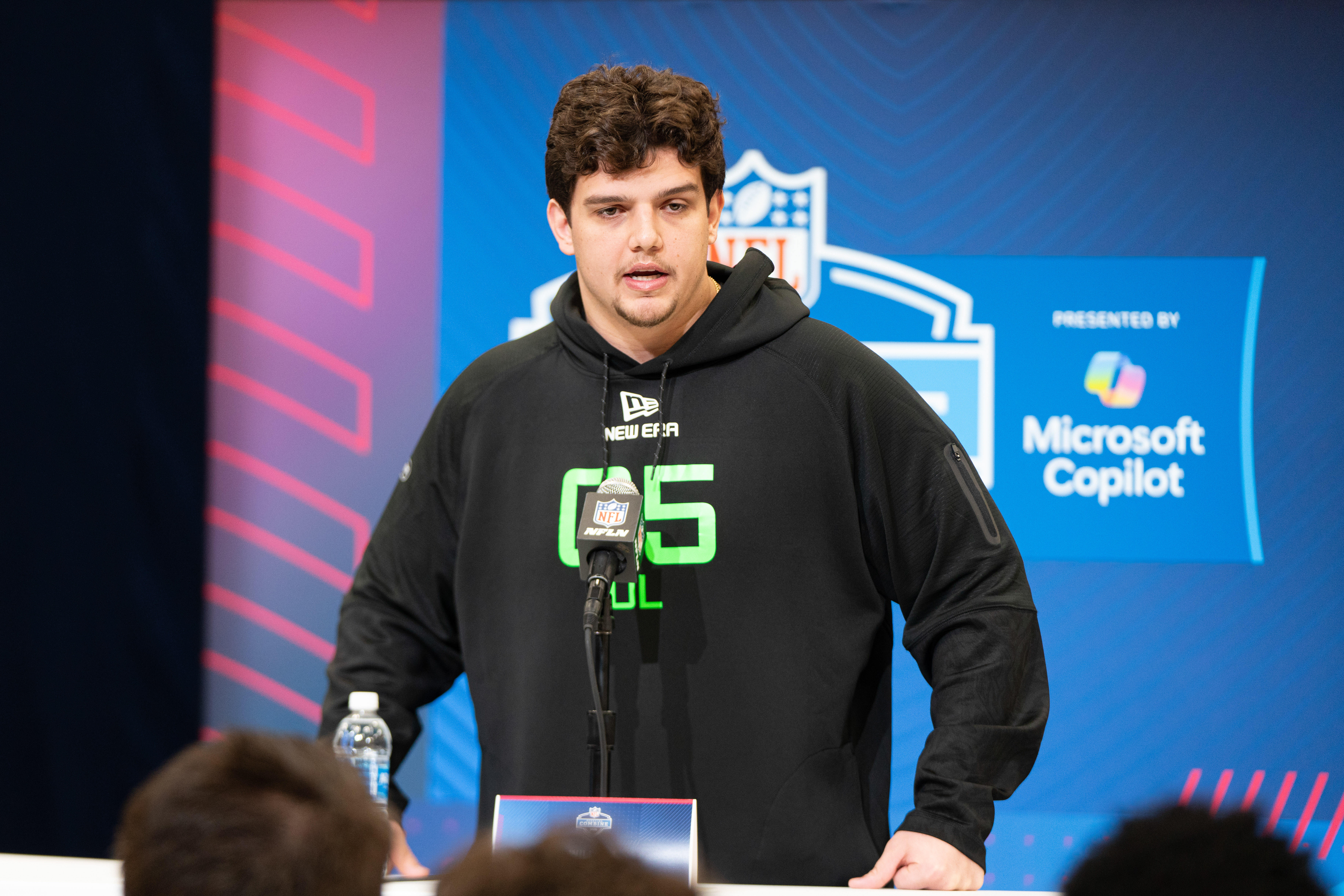 Louisiana State University offensive lineman Will Campbell (OL05) answers questions at a press conference during the 2025 NFL Combine at Indiana Convention Center.