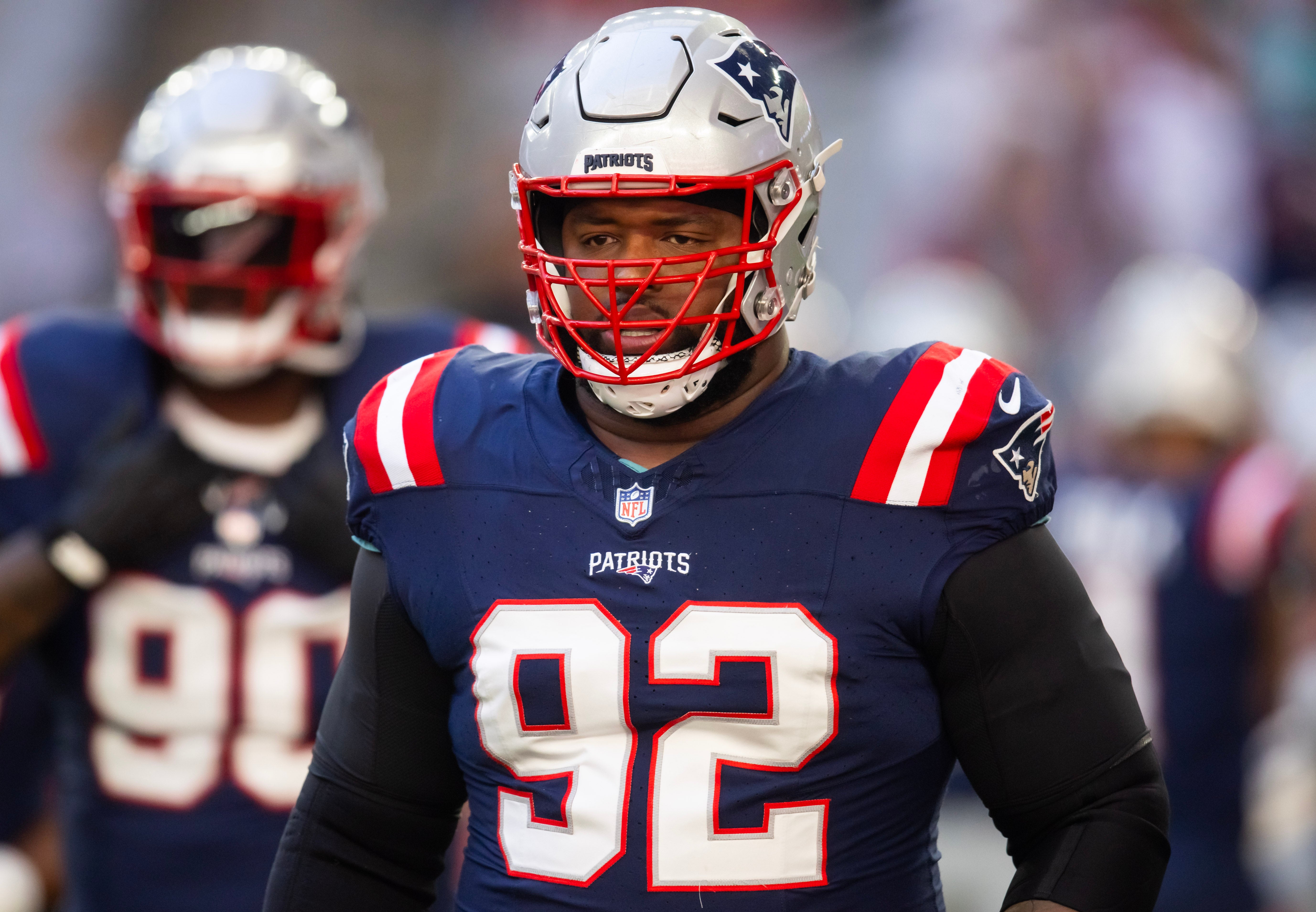Dec 15, 2024; Glendale, Arizona, USA; New England Patriots defensive tackle Davon Godchaux (92) against the Arizona Cardinals at State Farm Stadium.