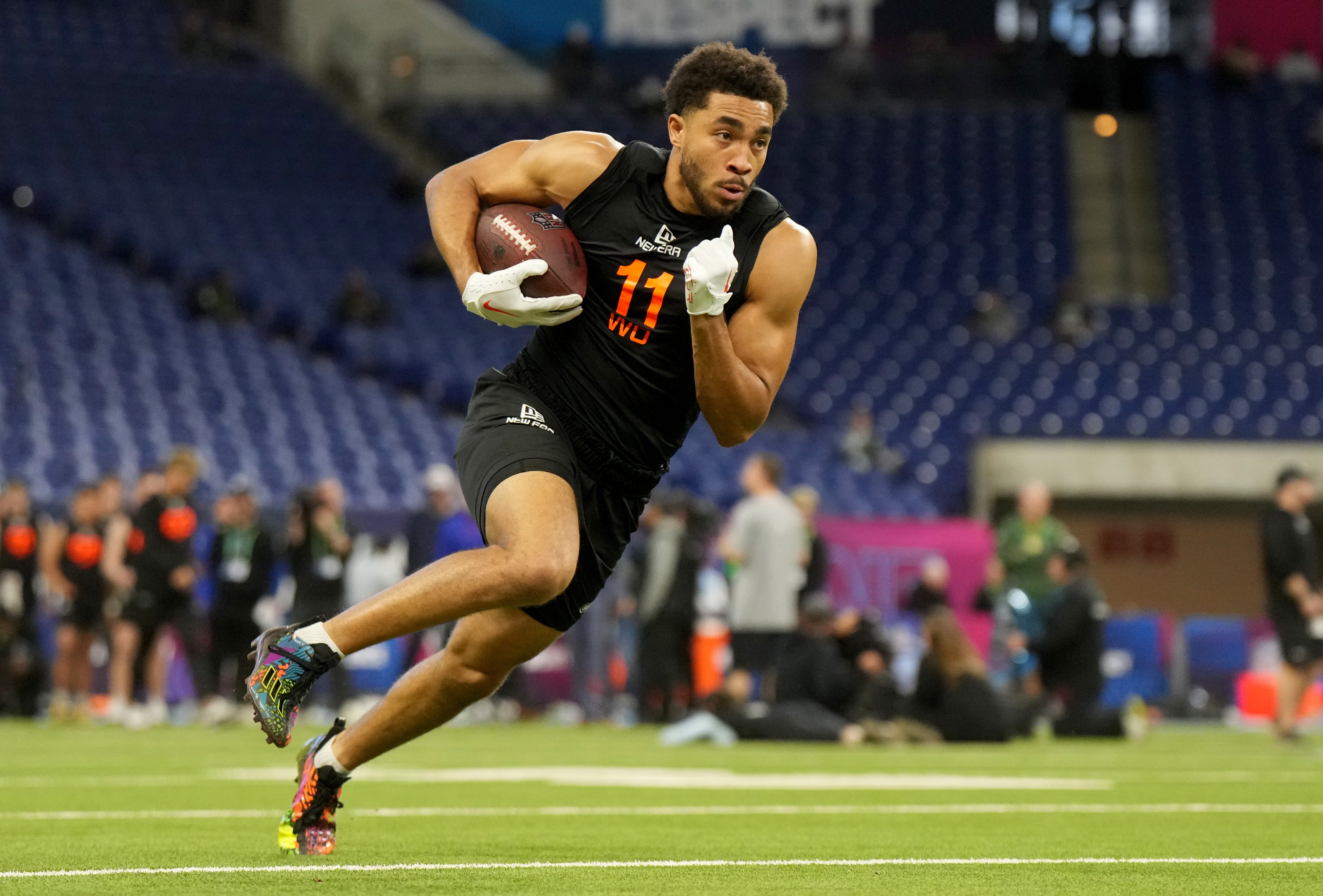 Mar 1, 2025; Indianapolis, IN, USA; Florida wideout Chimere Dike (WO11) during the 2025 NFL Combine at Lucas Oil Stadium.