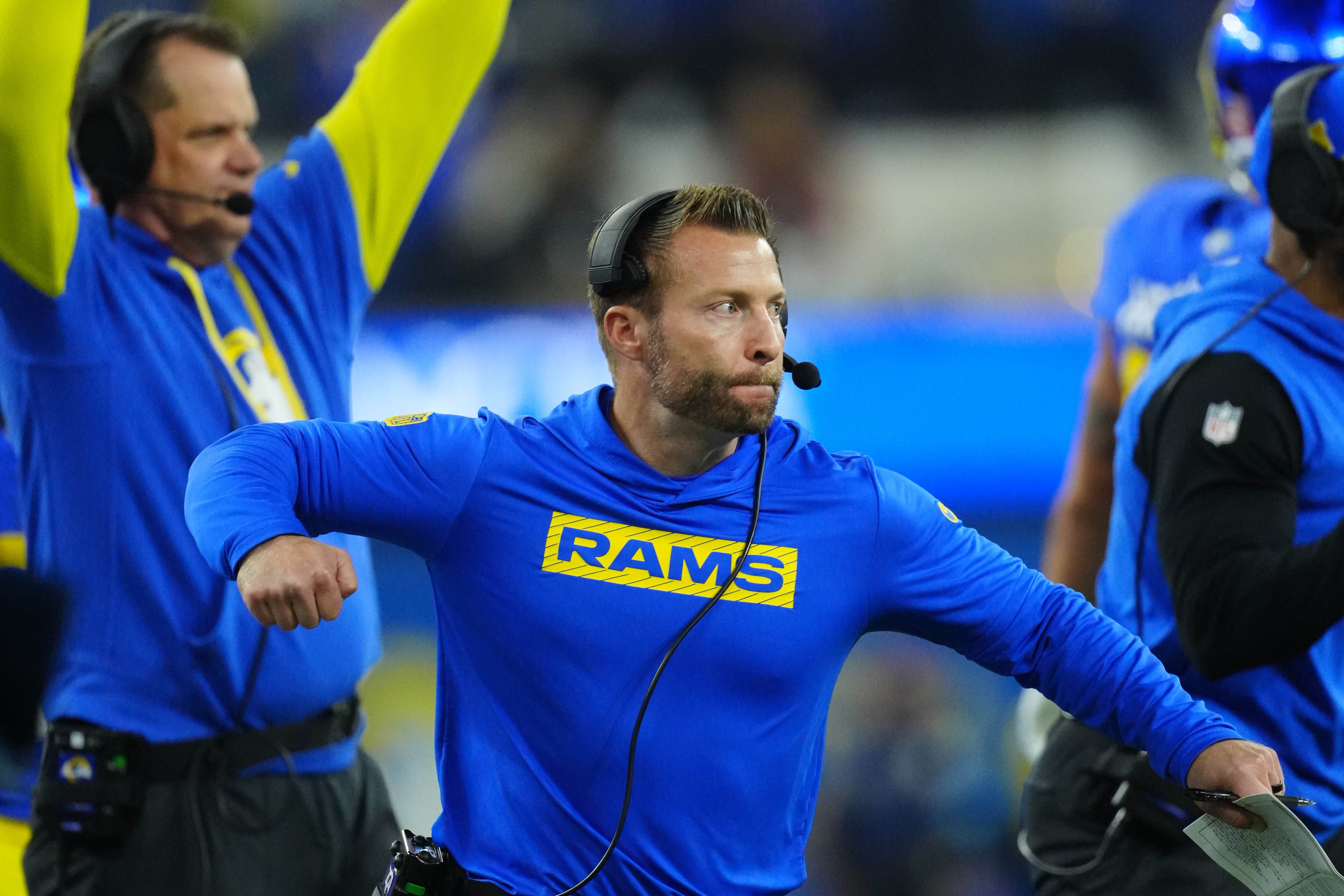 Dec 28, 2024; Inglewood, California, USA; Los Angeles Rams coach Sean McVay reacts against the Arizona Cardinals in the first half at SoFi Stadium.