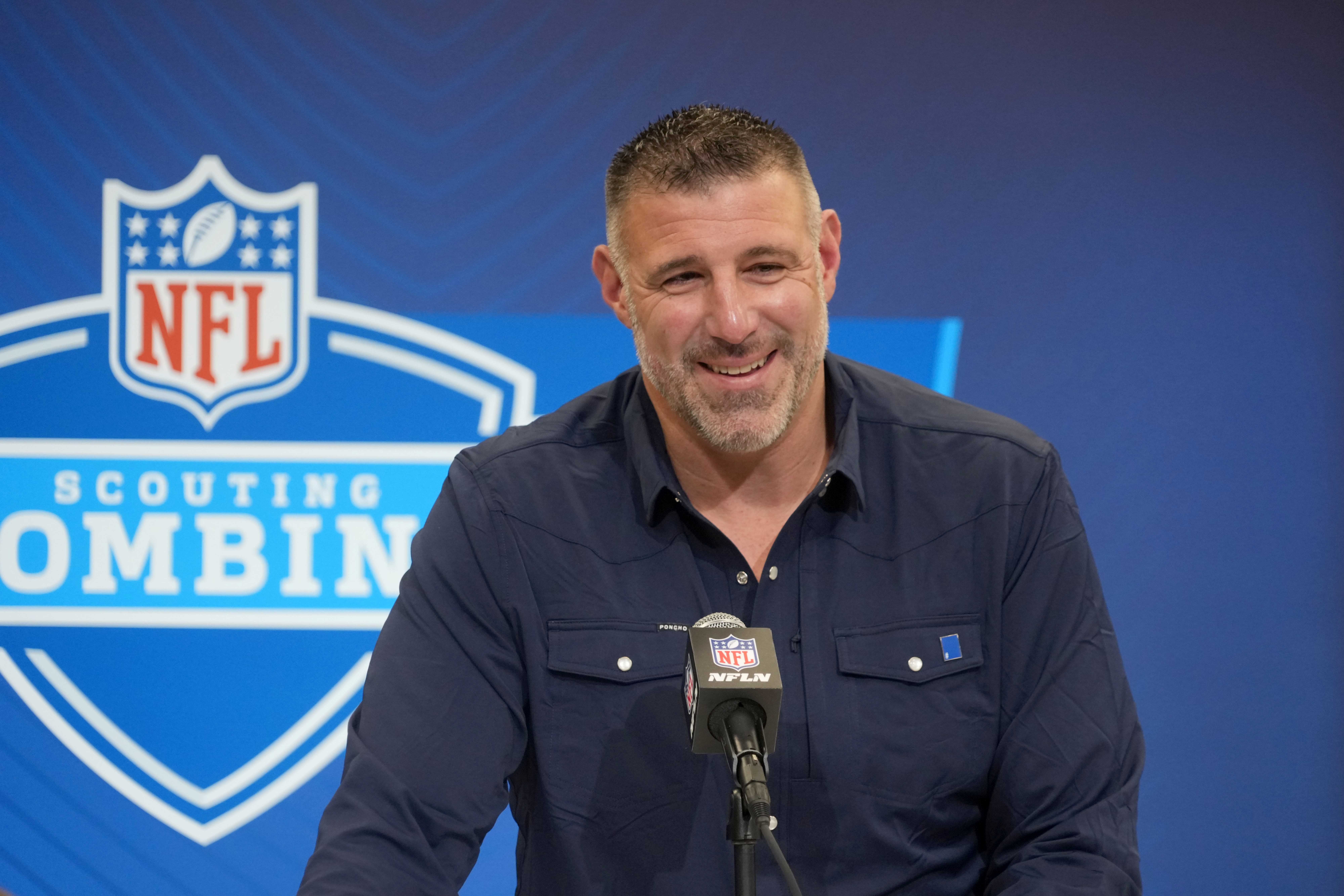 Feb 25, 2025; Indianapolis, IN, USA; New England Patriots coach Mike Vrabel speaks during the NFL Scouting Combine at the Indiana Convention Center.