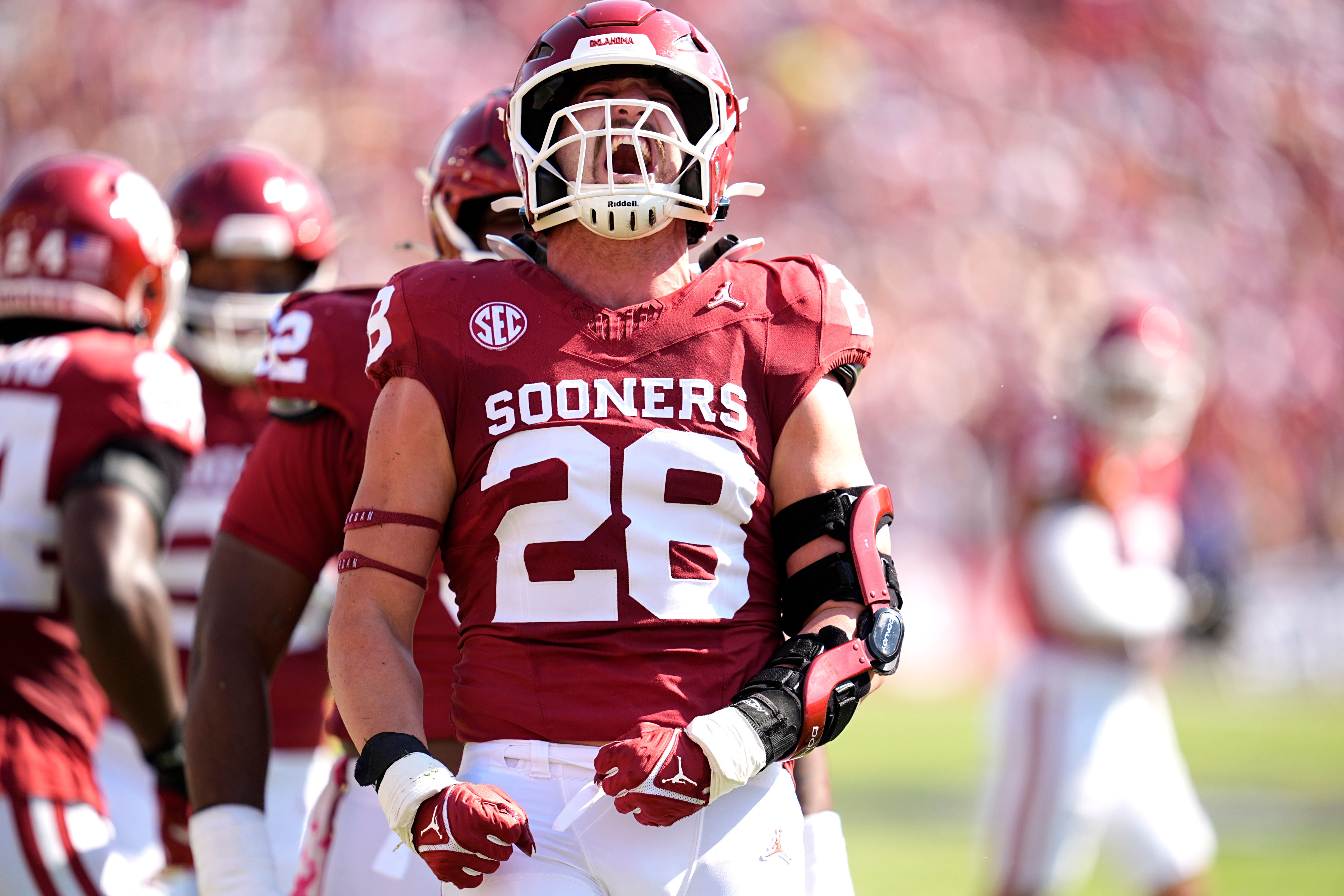 Oklahoma Sooners linebacker Danny Stutsman (28) celebrates a play in the first half of the Red River Rivalry college football game between the University of Oklahoma Sooners and the Texas Longhorn at the Cotton Bowl Stadium in Dallas, Texas, Saturday, Oct., 12, 2024.