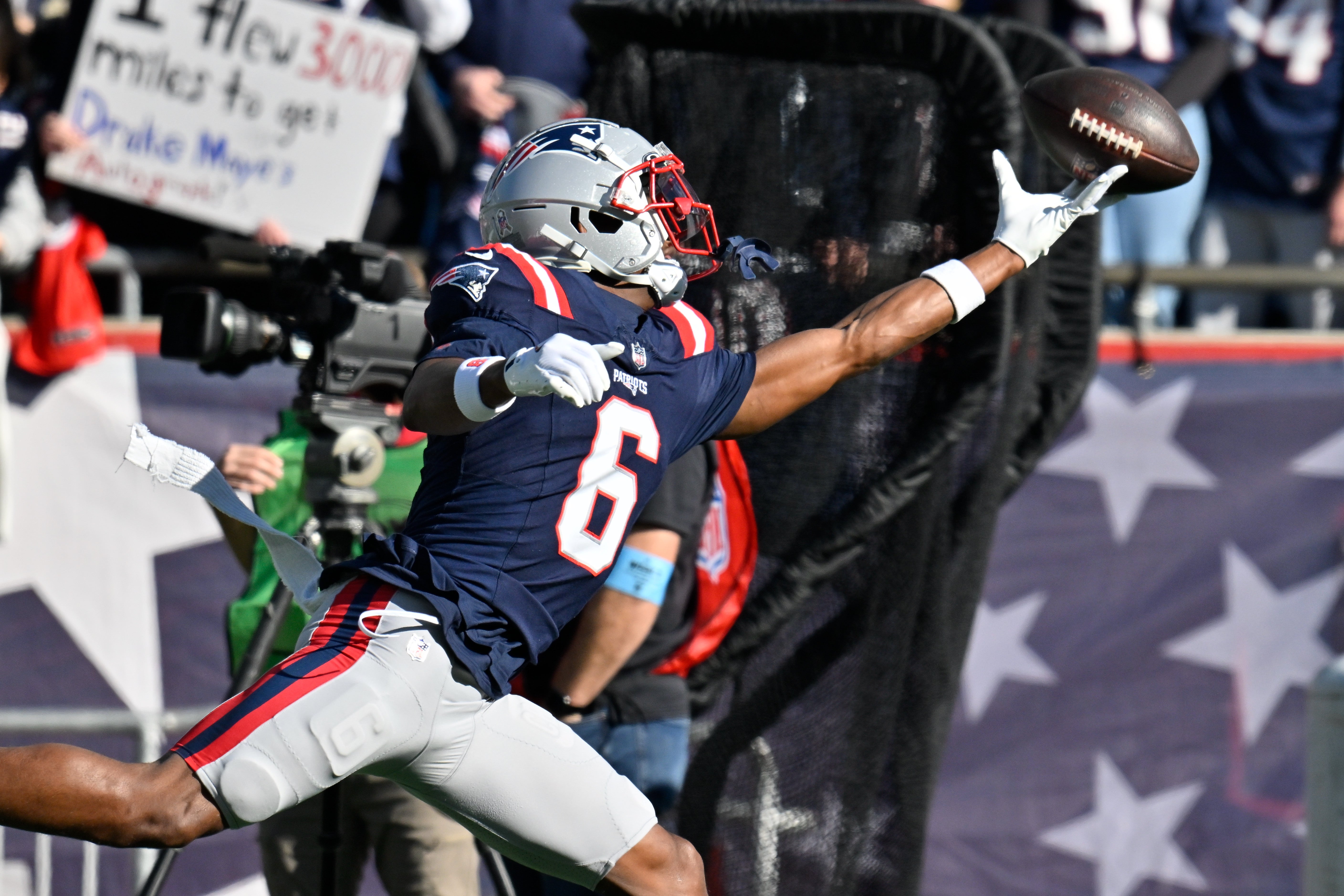 Nov 17, 2024; Foxborough, Massachusetts, USA; New England Patriots wide receiver Javon Baker (6) warms up before a game against the Los Angeles Rams at Gillette Stadium.