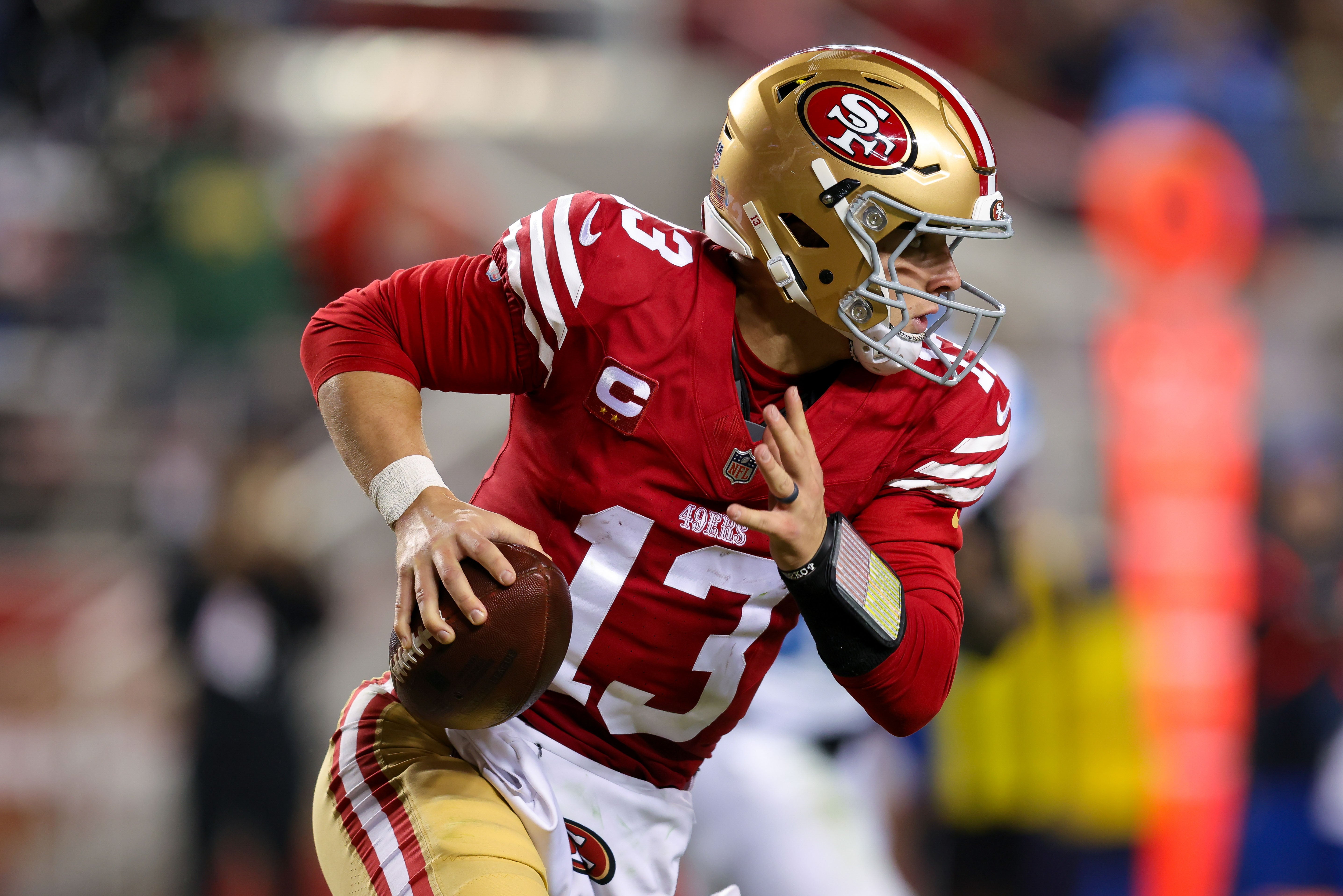 Dec 30, 2024; Santa Clara, California, USA; San Francisco 49ers quarterback Brock Purdy (13) during the game against the Detroit Lions at Levi's Stadium.