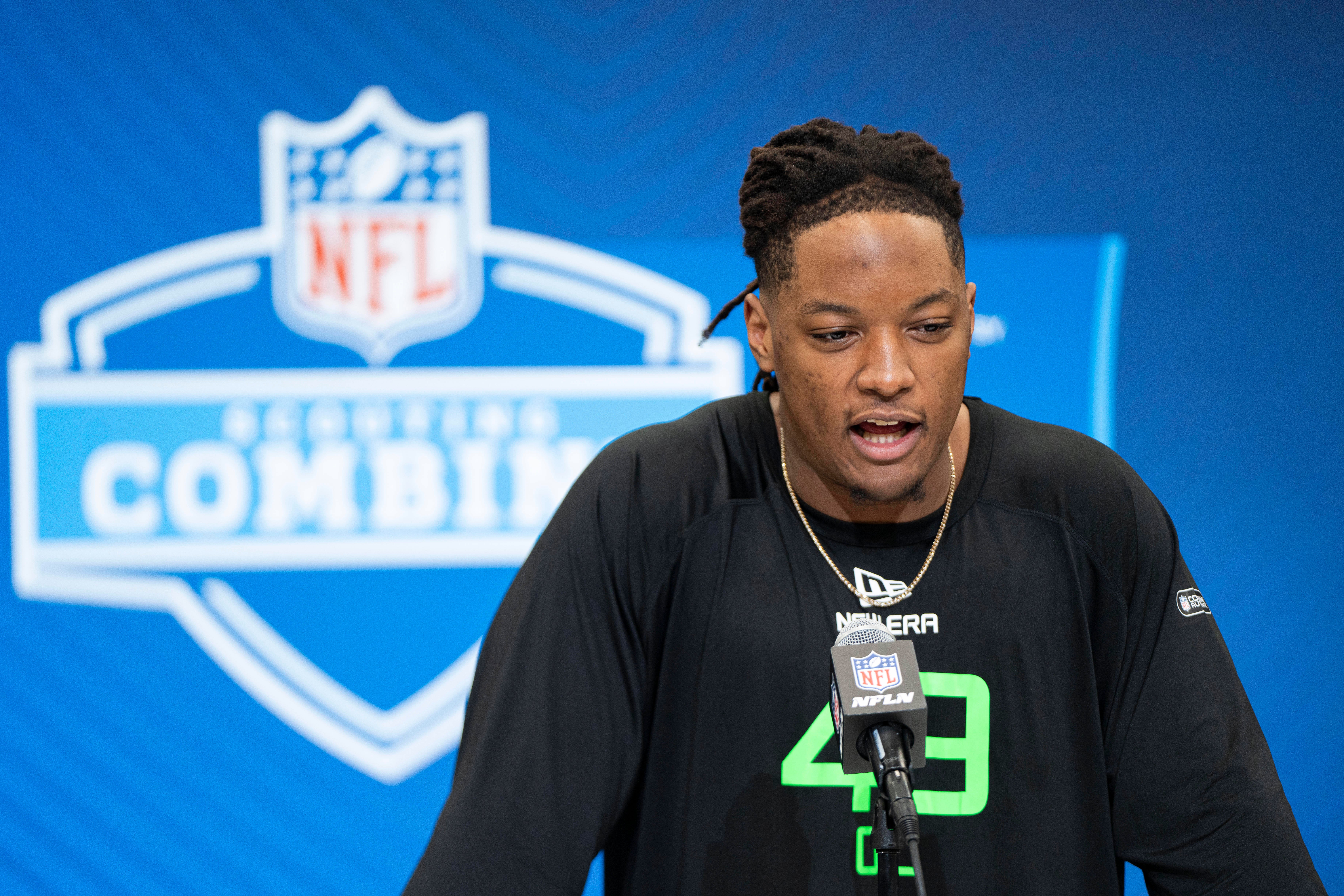 University of Georgia offensive lineman Jared Wilson (OL49) answers questions at a press conference during the 2025 NFL Combine at Indiana Convention Center.