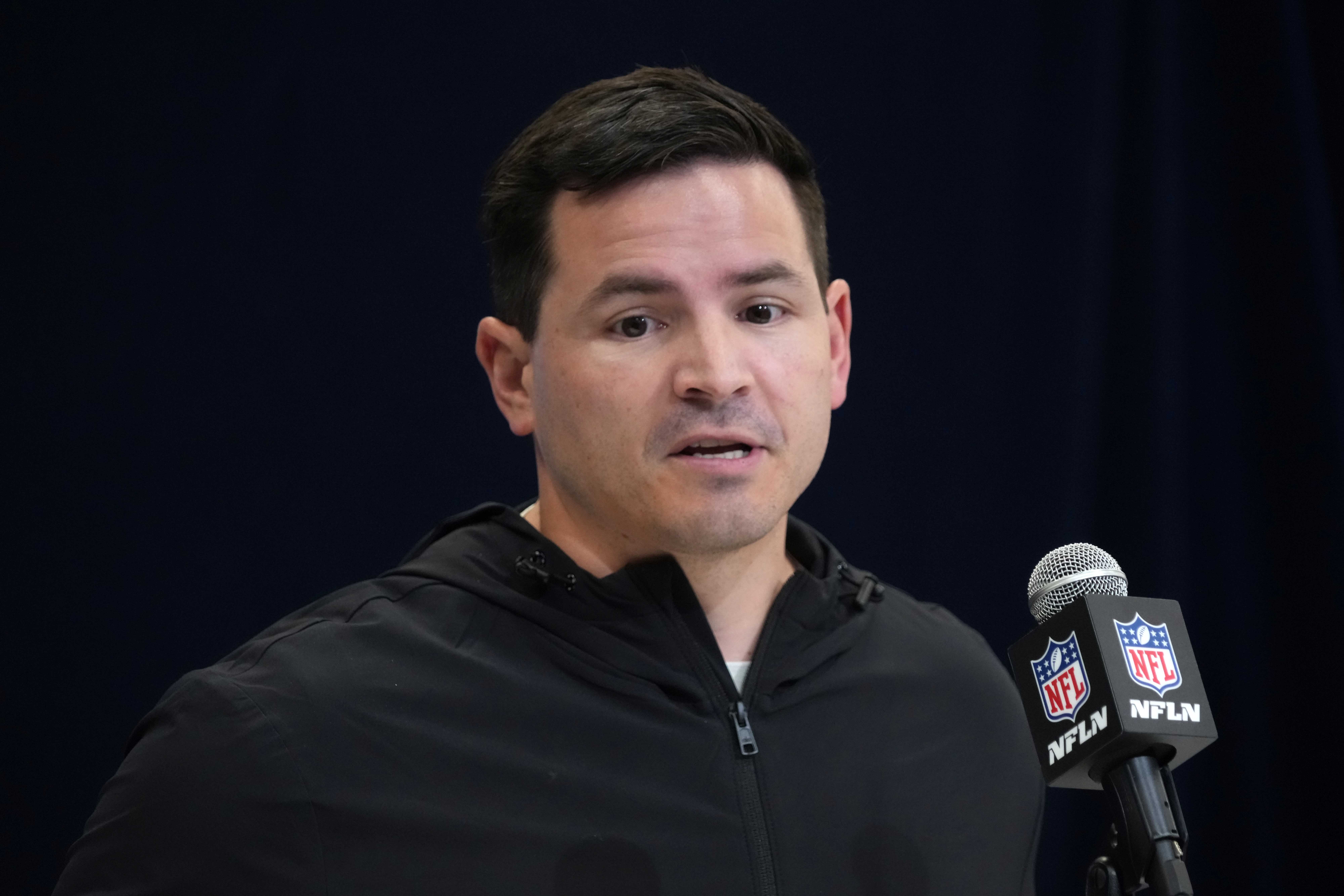 Feb 27, 2025; Indianapolis, IN, USA; Seattle Seahawks coach Mike Macdonald speaks during the 2025 NFL Scouting Combine at the Indiana Convention Center.