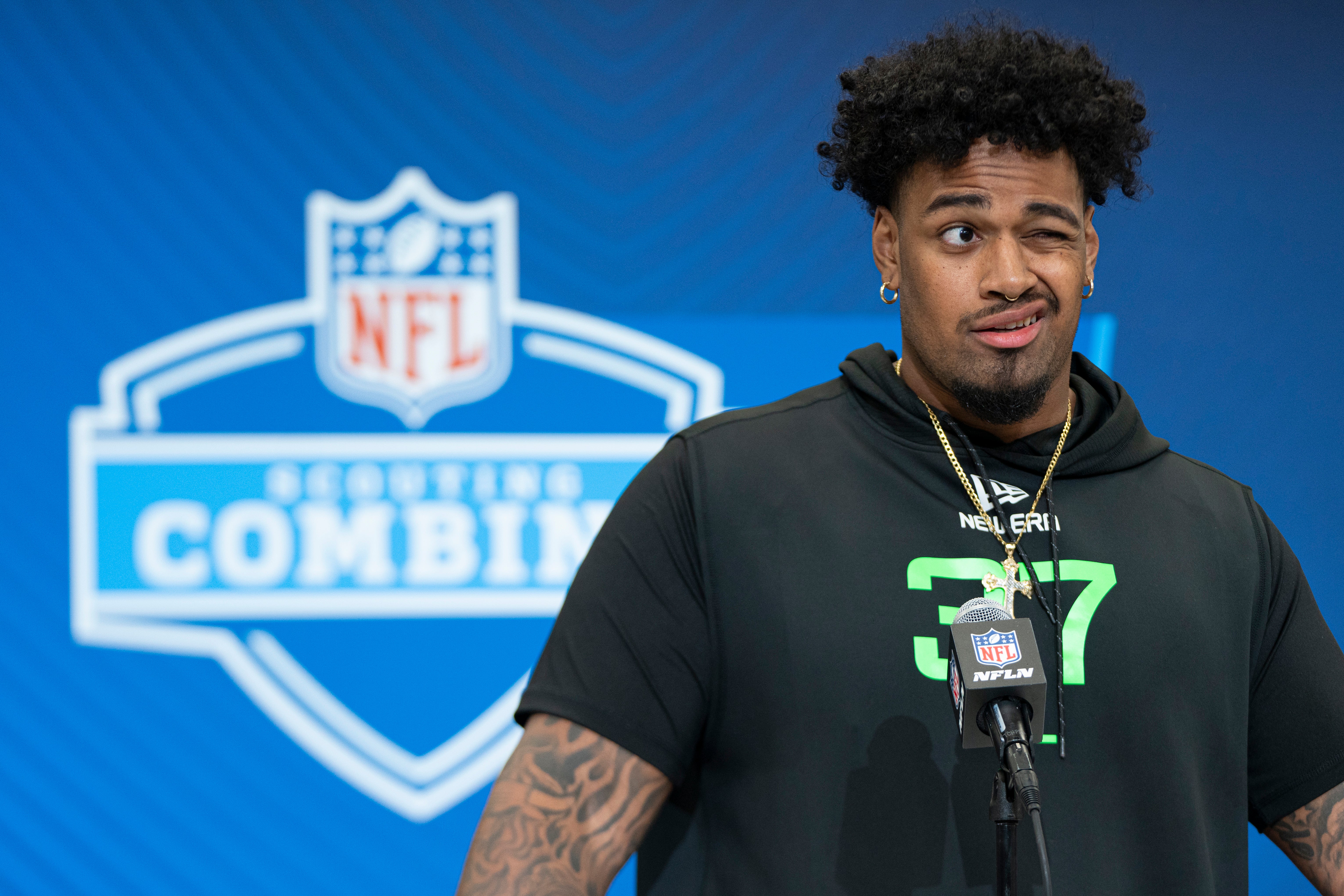 Mar 1, 2025; Indianapolis, IN, USA; Ohio State University offensive lineman Josh Simmons (OL37) answers questions at a press conference during the 2025 NFL Combine at Indiana Convention Center.
