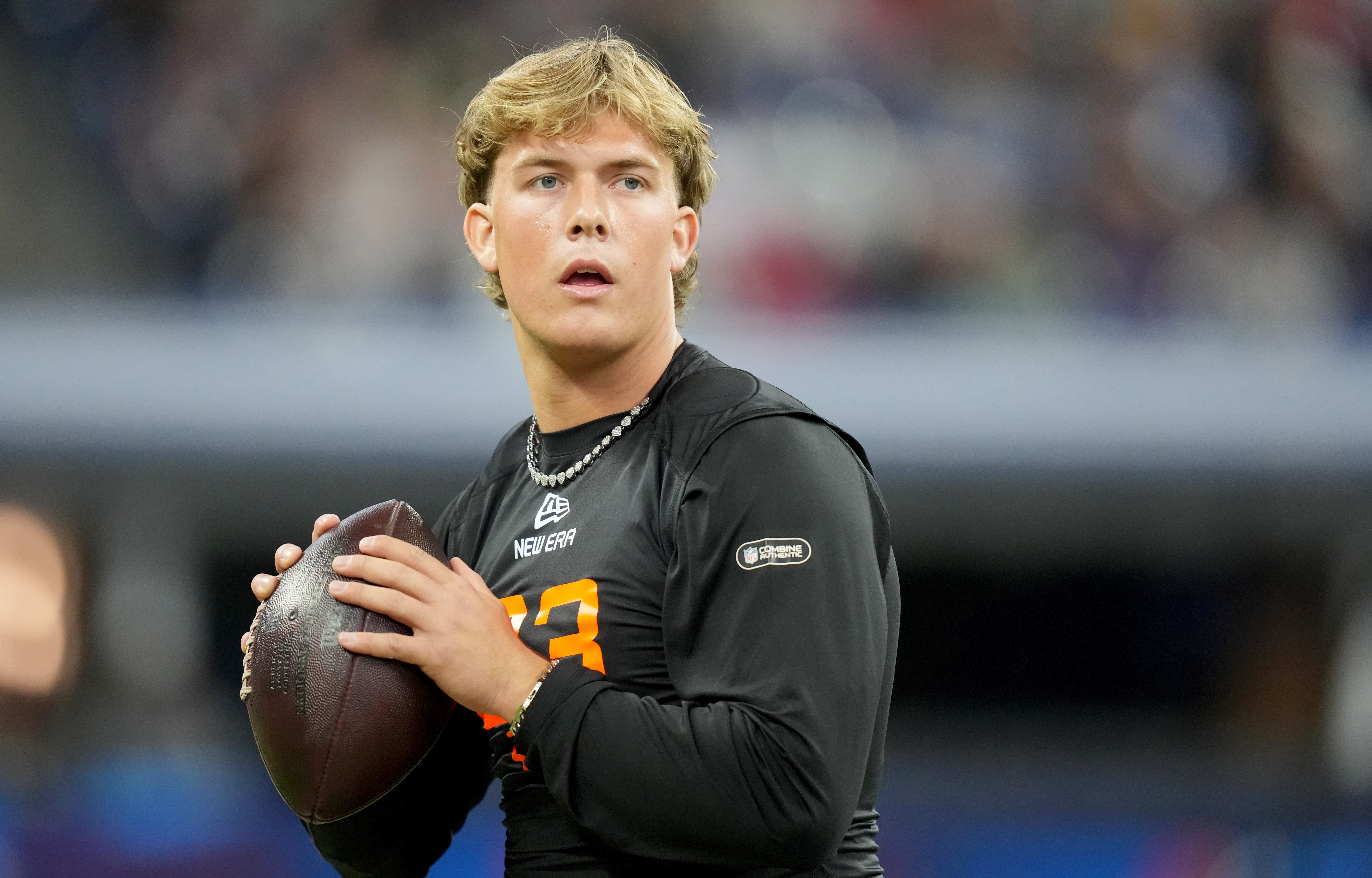 Mar 1, 2025; Indianapolis, IN, USA; Mississippi quarterback Jaxson Dart (QB03) during the 2025 NFL Combine at Lucas Oil Stadium.
