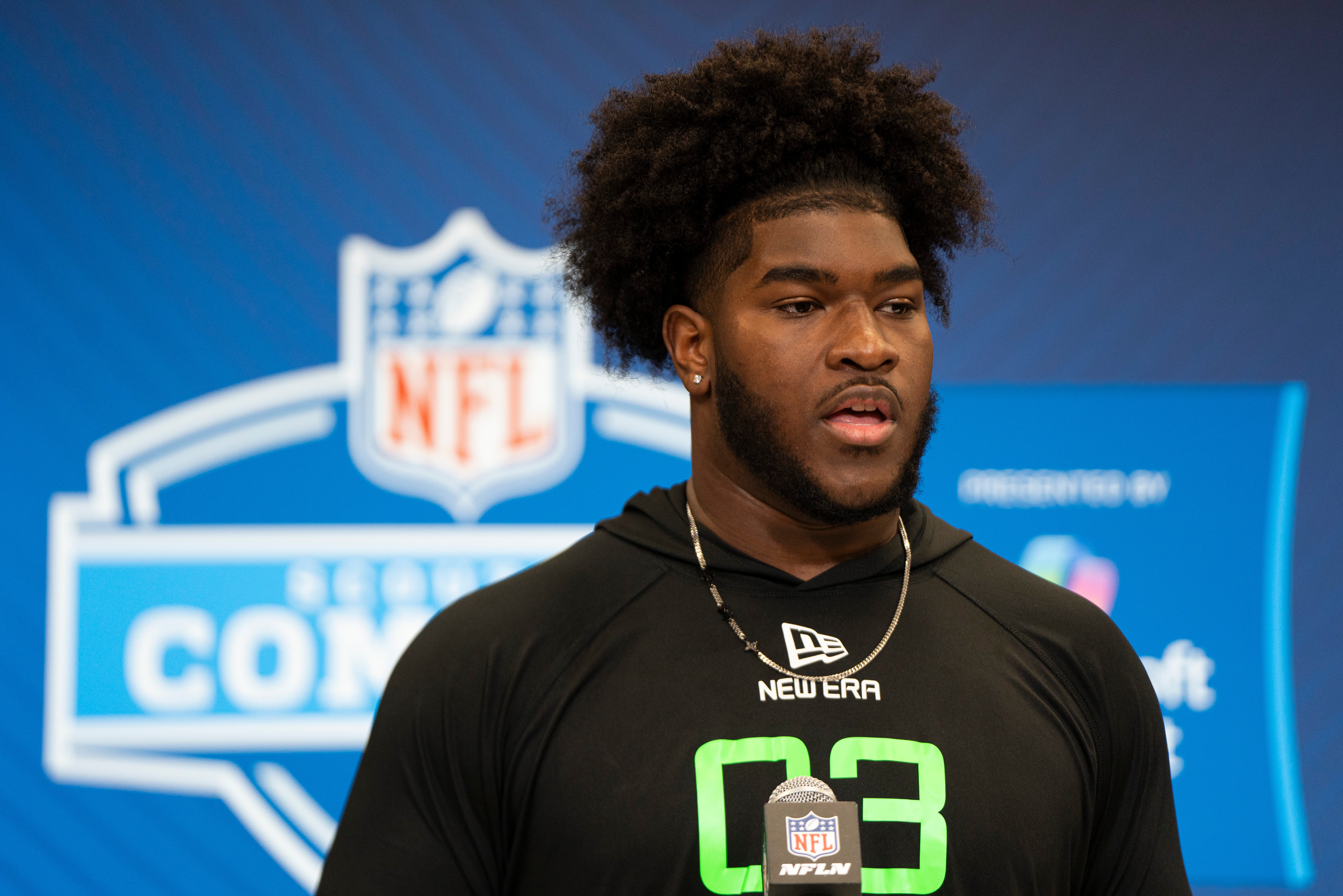 Mar 1, 2025; Indianapolis, IN, USA; University of Alabama offensive lineman Tyler Booker (OL03) answers questions at a press conference during the 2025 NFL Combine at Indiana Convention Center.