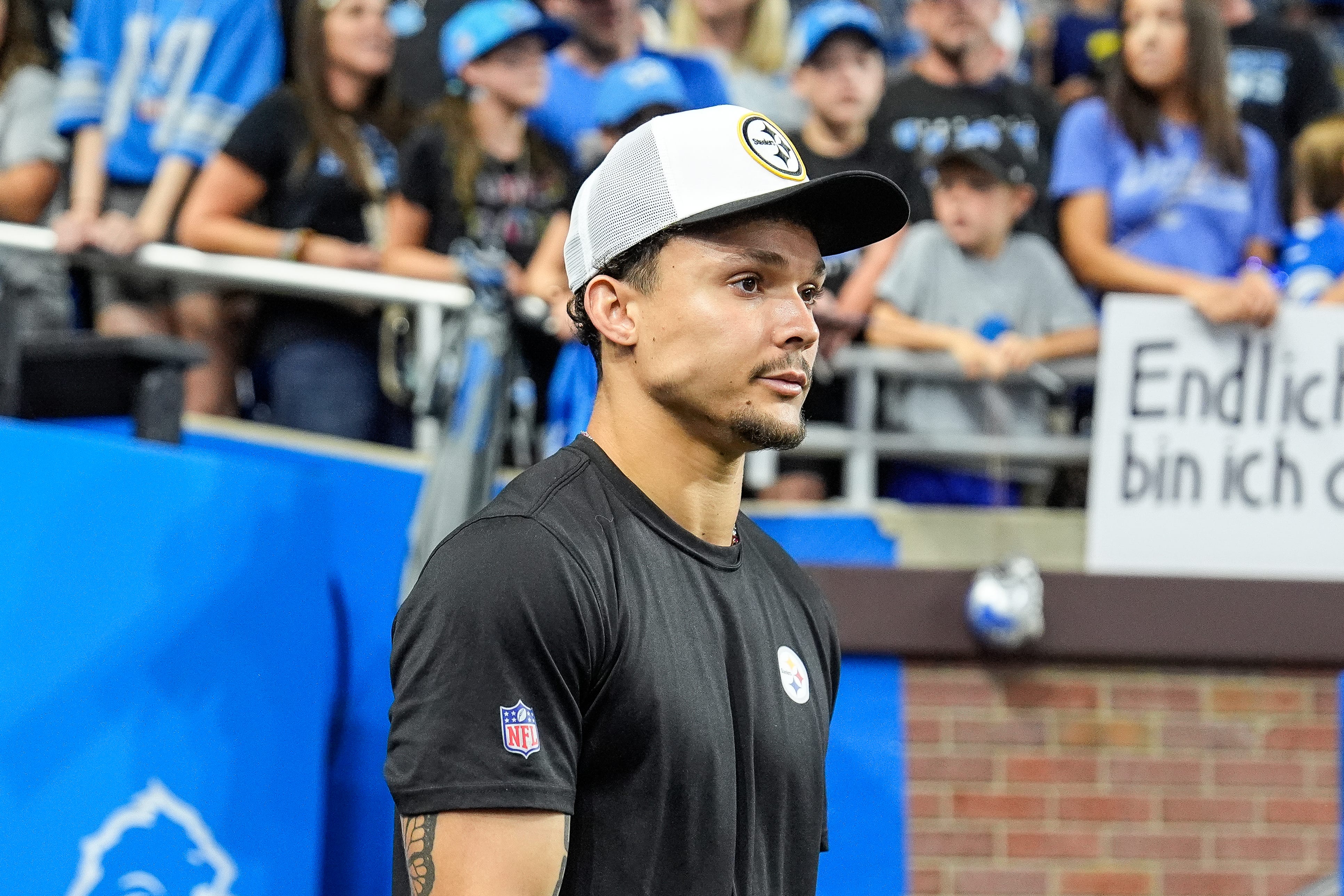 Pittsburgh Steelers wide receiver Roman Wilson (10) walks down the tunnel before a preseason game against Detroit Lions at Ford Field in Detroit on Saturday, August 24, 2024.