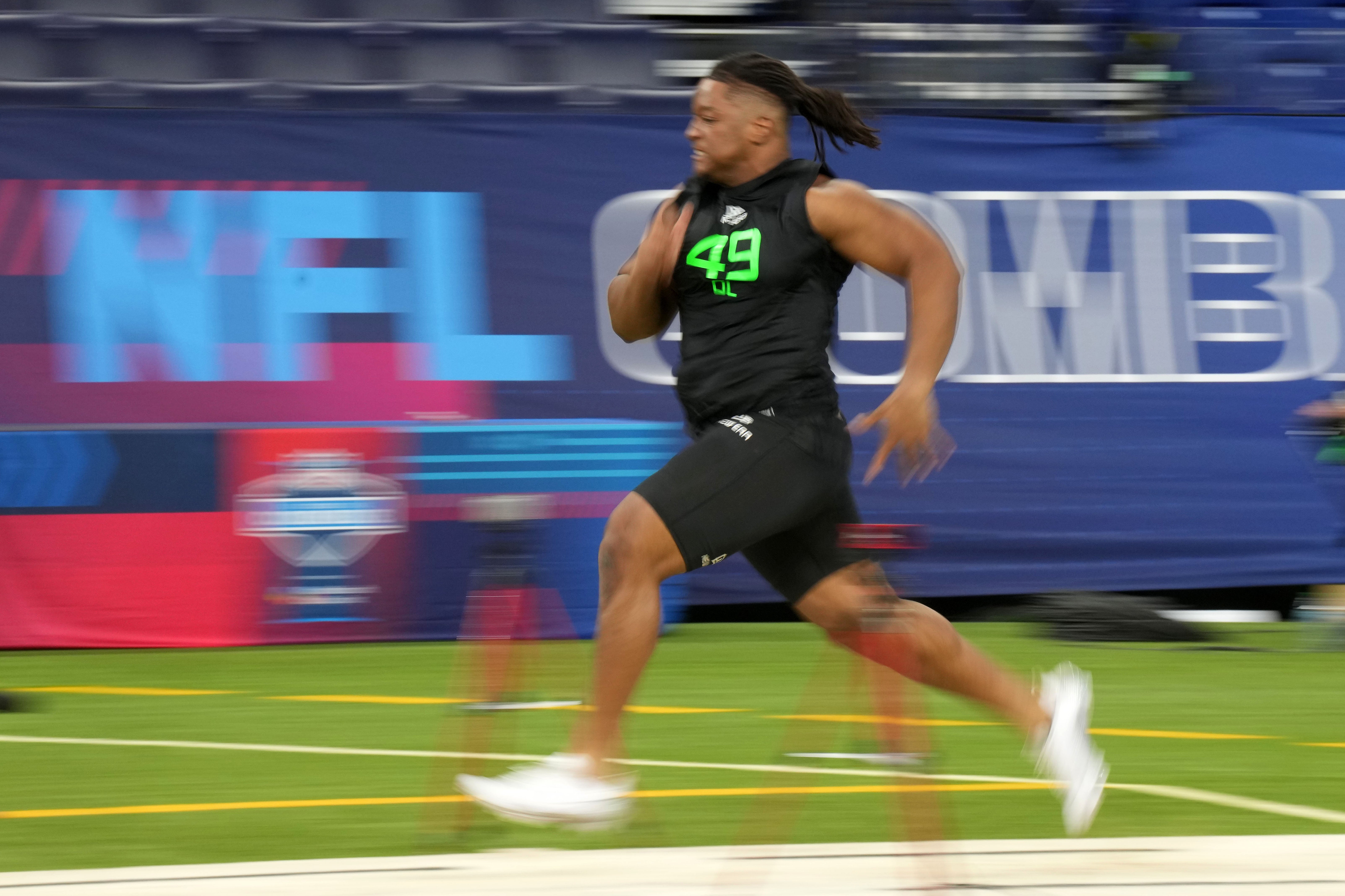 Georgia offensive lineman Jared Wilson (OL49) during the 2025 NFL Scouting Combine at Lucas Oil Stadium.