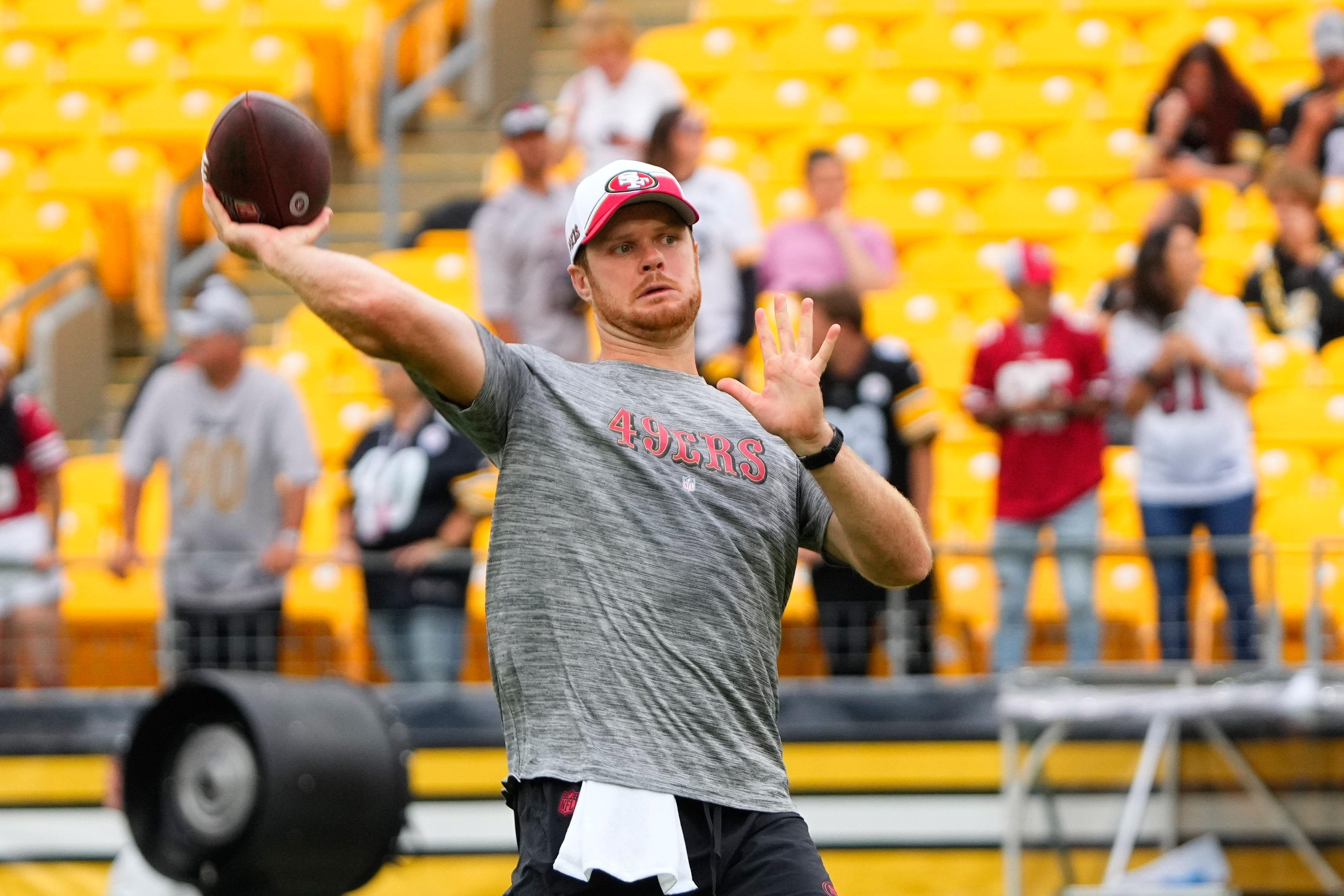 Sep 10, 2023; Pittsburgh, Pennsylvania, USA; San Francisco 49ers quarterback Sam Darnold (14) warms up prior to the game against the Pittsburgh Steelers at Acrisure Stadium.