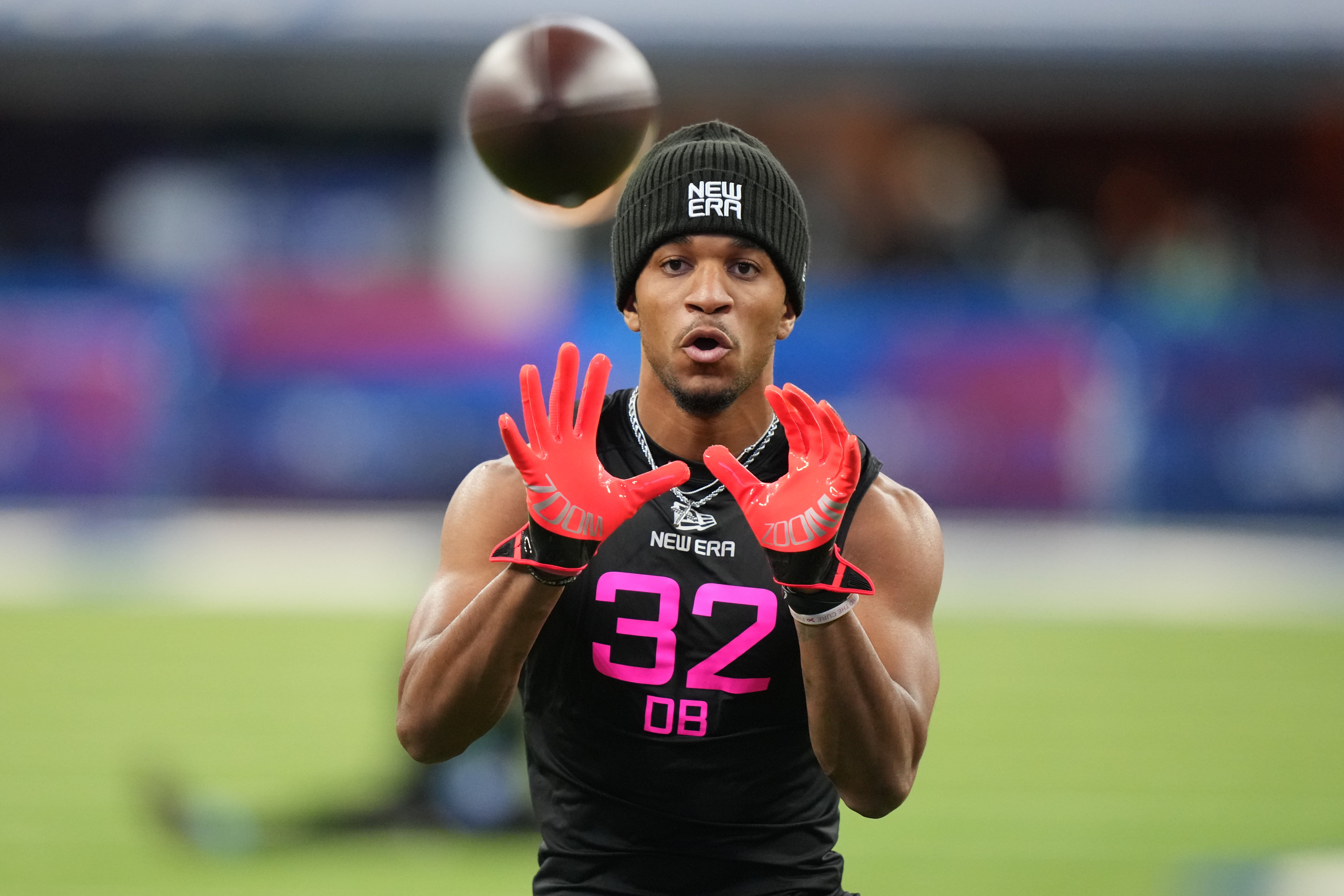 Florida State defensive back Azareye'h Thomas (DB32) participates in drills during the 2025 NFL Combine at Lucas Oil Stadium.