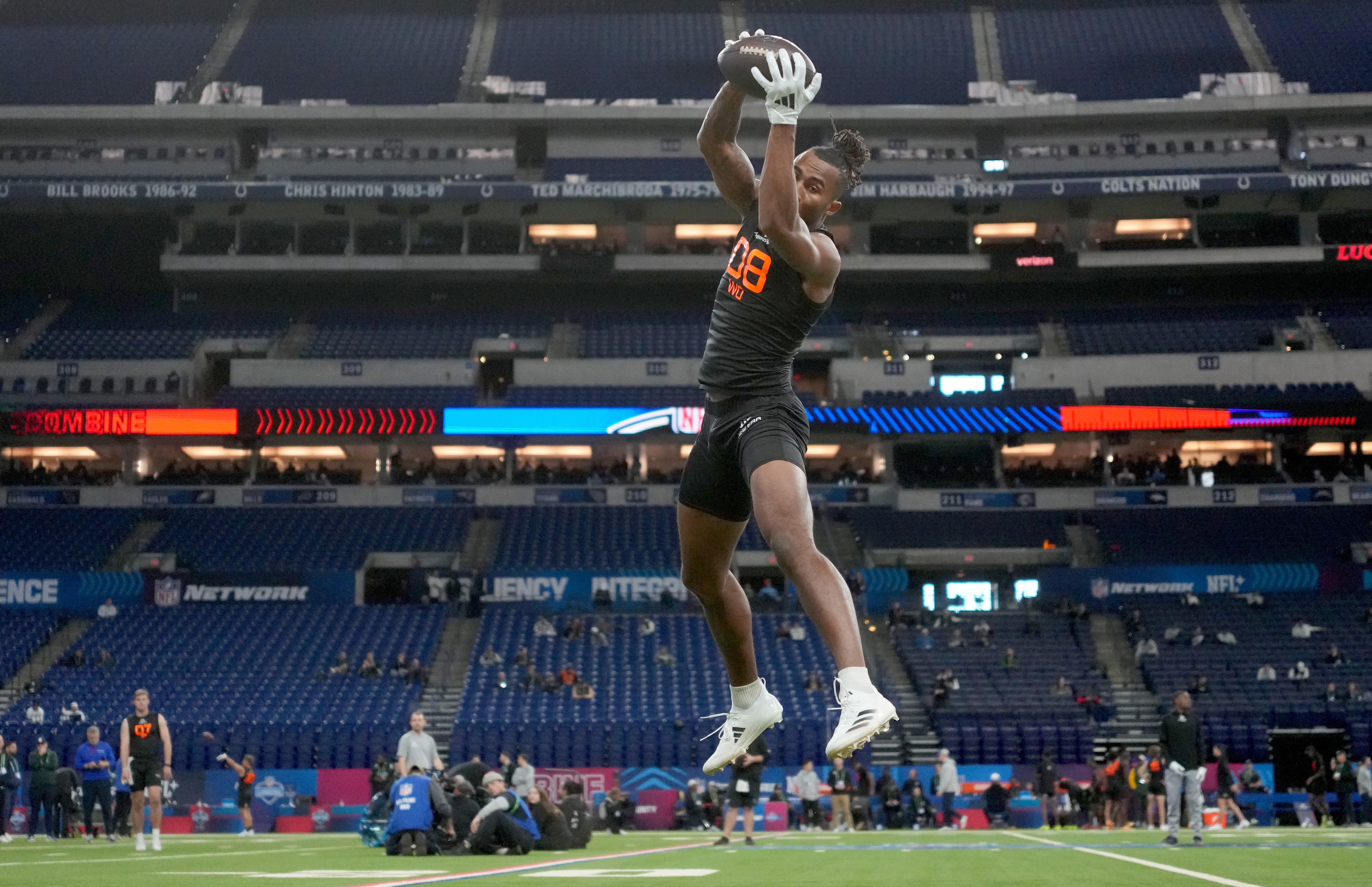 Mar 1, 2025; Indianapolis, IN, USA; Illinois wideout Pat Bryant (WO08) during the 2025 NFL Combine at Lucas Oil Stadium.