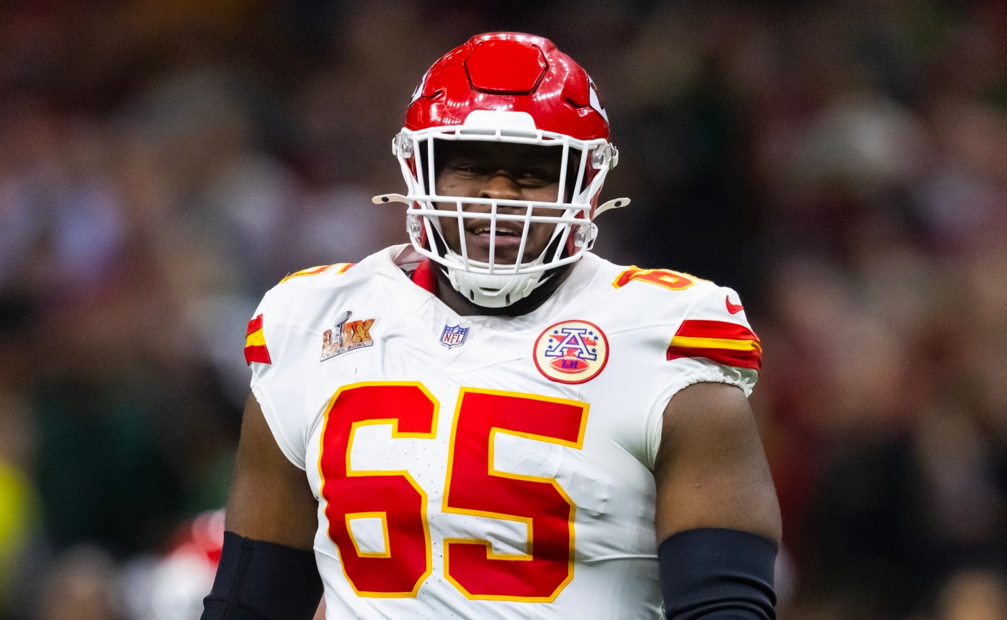 Feb 9, 2025; New Orleans, LA, USA; Kansas City Chiefs guard Trey Smith (65) against the Philadelphia Eagles in Super Bowl LIX at Ceasars Superdome.