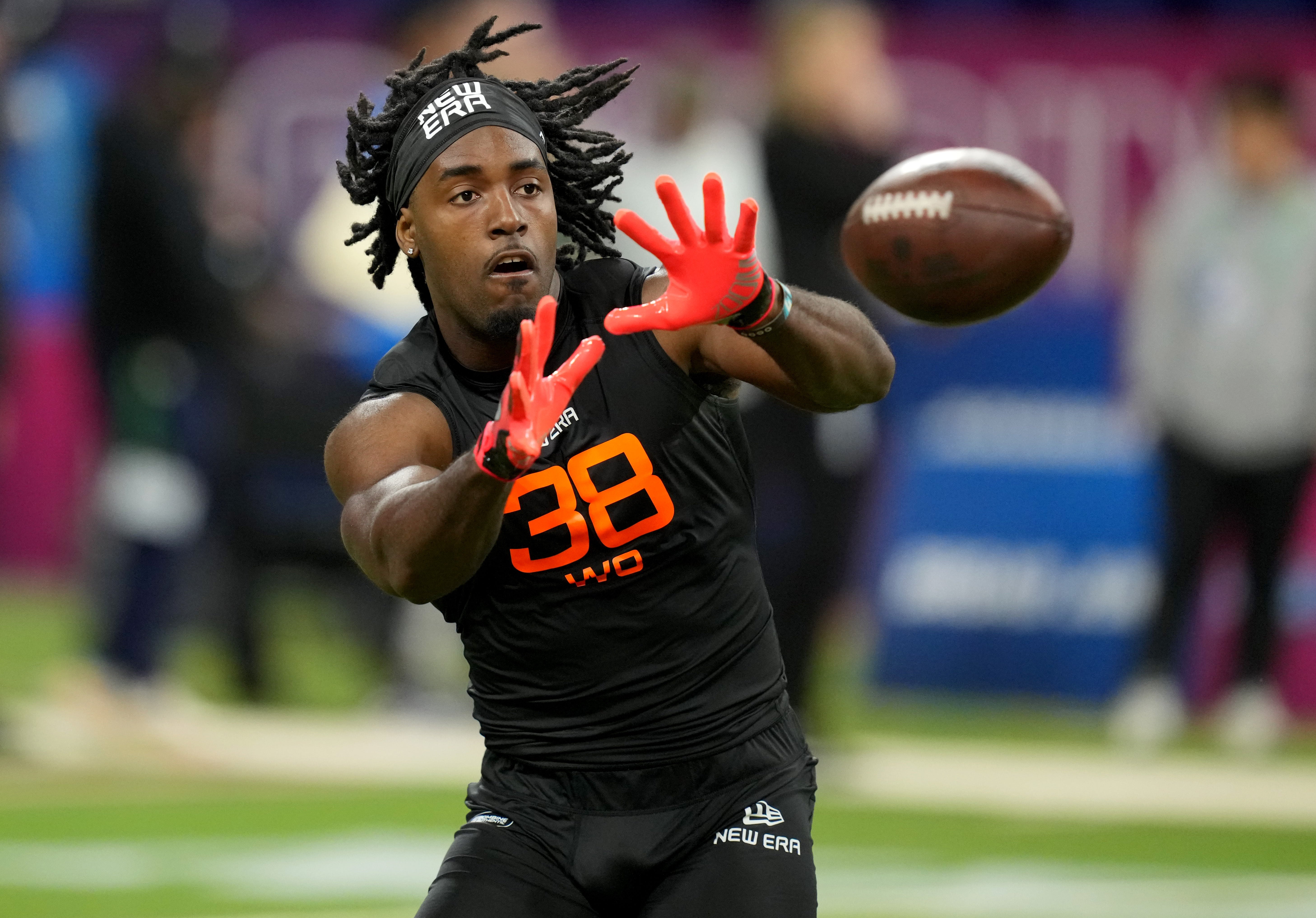 Utah State wideout Jalen Royals (WO38) during the 2025 NFL Combine at Lucas Oil Stadium.