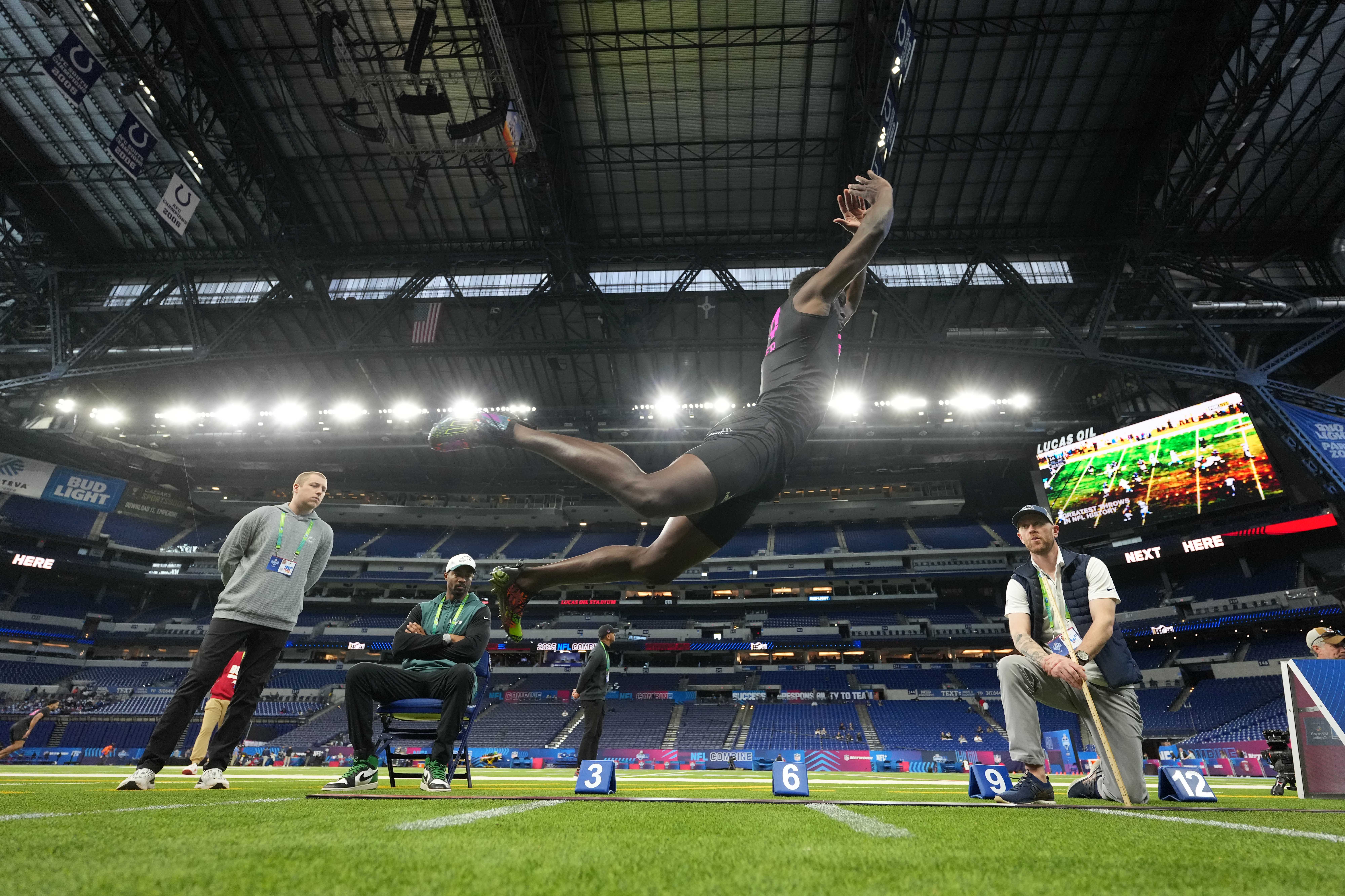 Feb 28, 2025; Indianapolis, IN, USA; Florida State defensive back Azareye'h Thomas (DB32) participates in the broad jump during the 2025 NFL Scouting Combine at Lucas Oil Stadium.