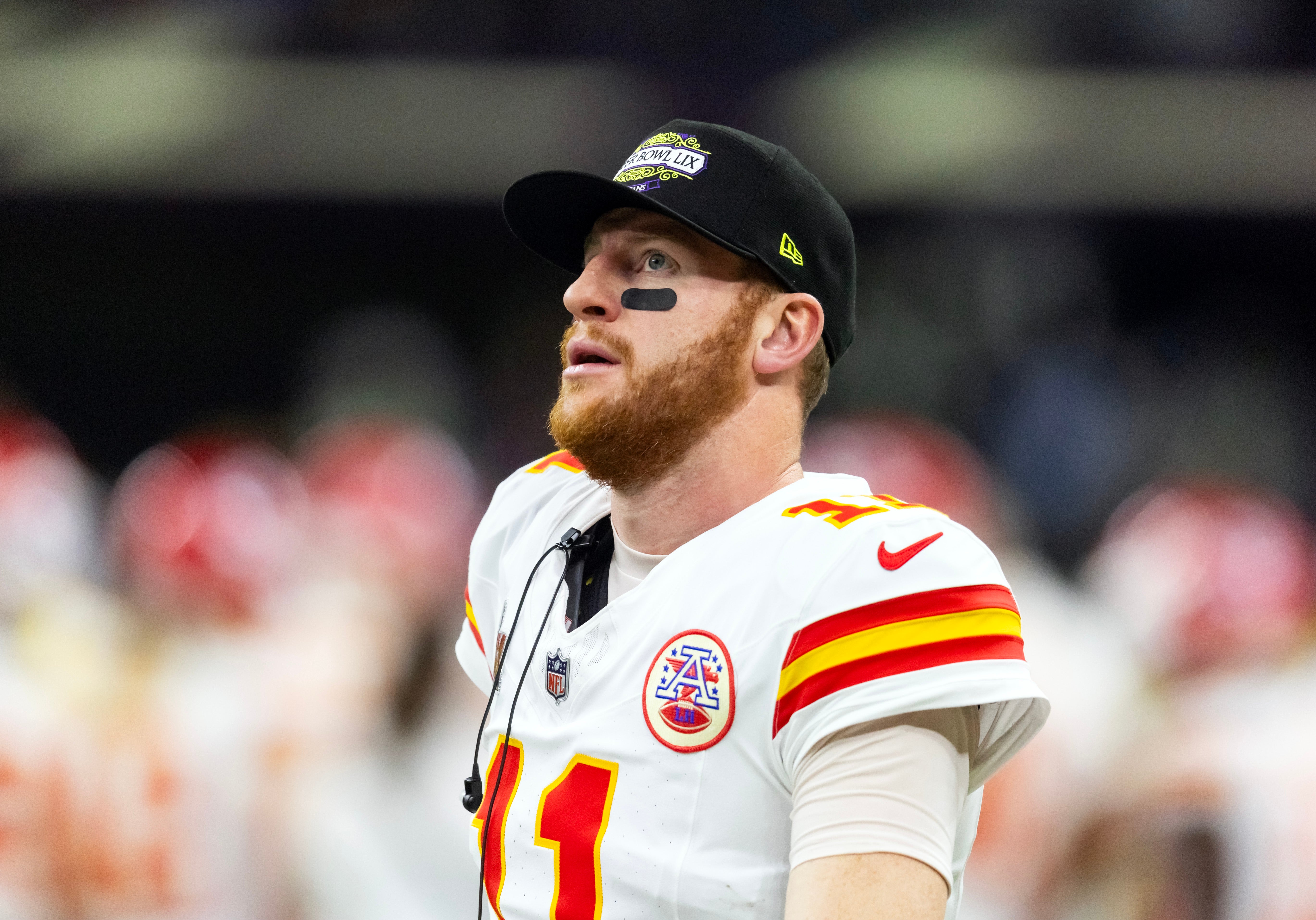 Feb 9, 2025; New Orleans, LA, USA; Kansas City Chiefs quarterback Carson Wentz (11) against the Philadelphia Eagles in Super Bowl LIX at Ceasars Superdome.