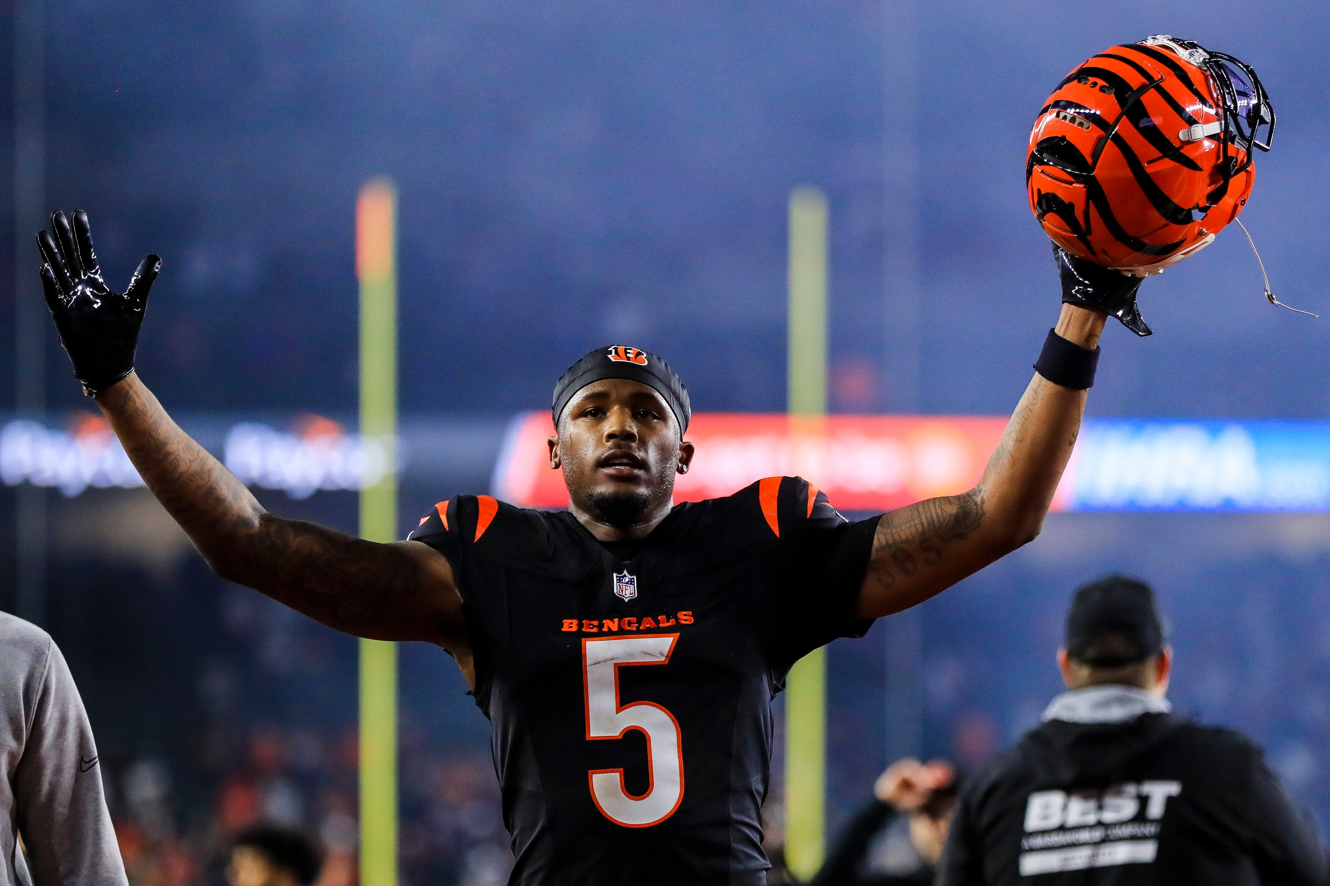 Dec 28, 2024; Cincinnati, Ohio, USA; Cincinnati Bengals wide receiver Tee Higgins (5) walks off the field after the victory over the Denver Broncos at Paycor Stadium.