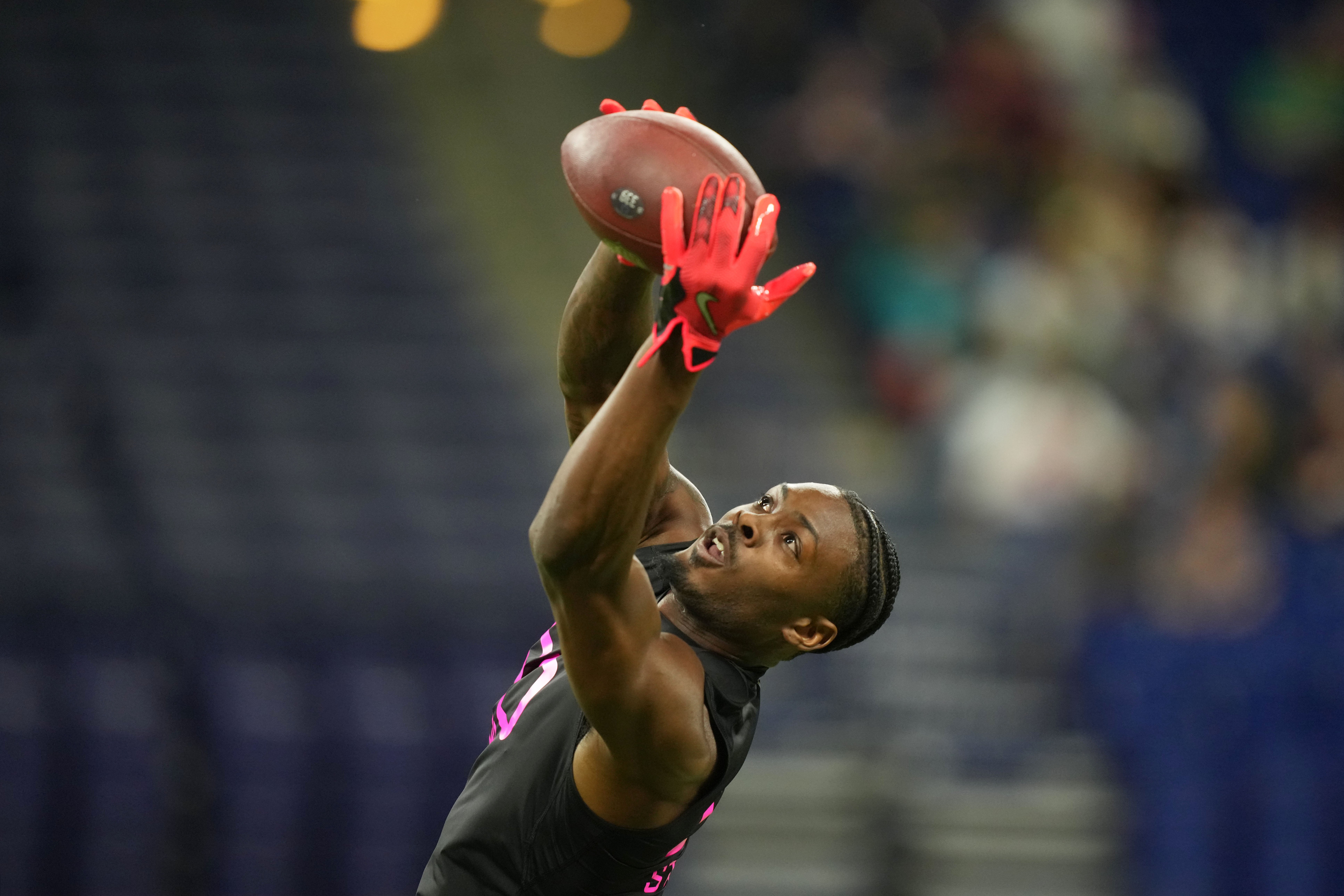 Feb 28, 2025; Indianapolis, IN, USA; Georgia defensive back Malaki Starks (DB50) participates in drills during the 2025 NFL Combine at Lucas Oil Stadium.