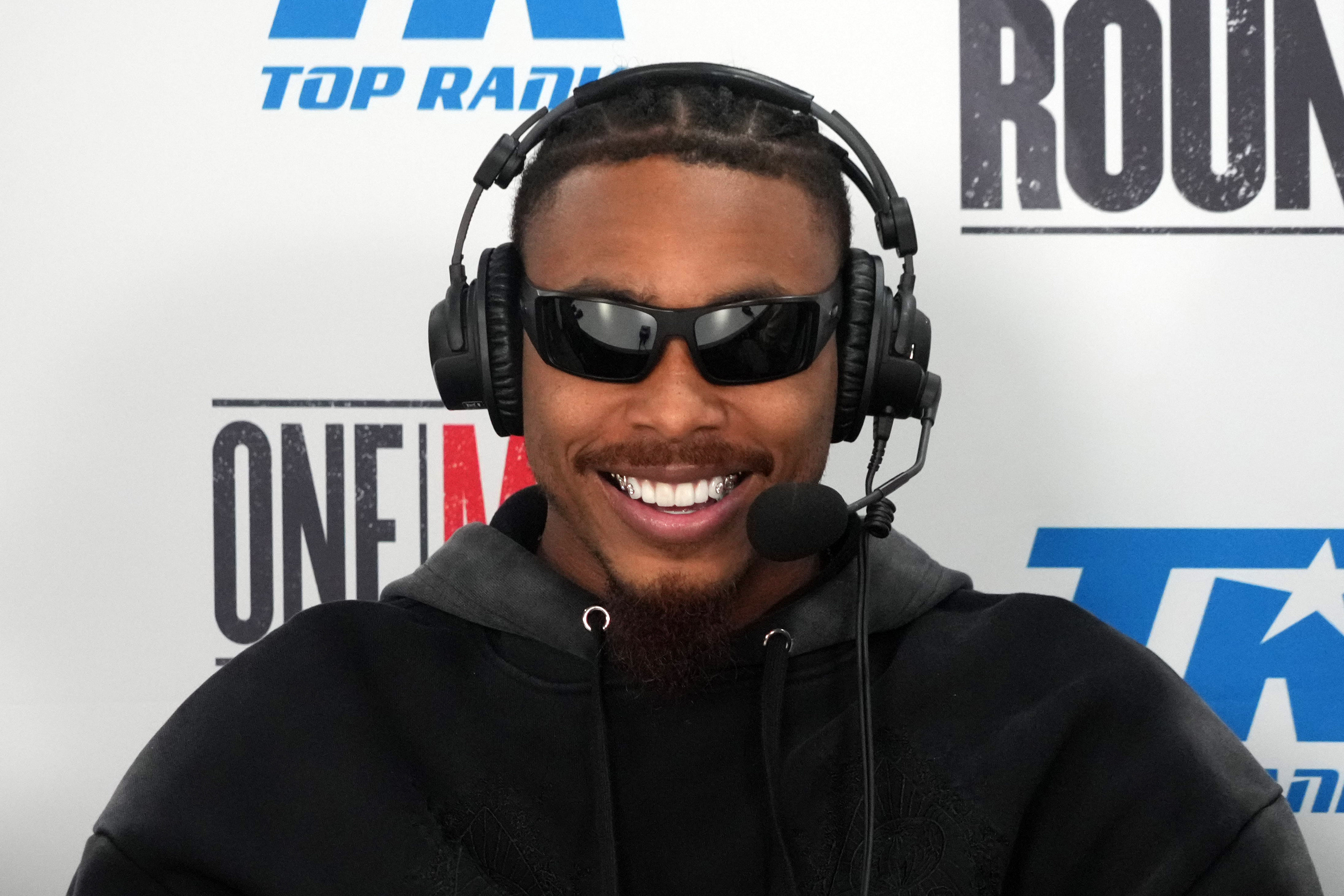 Feb 4, 2025; New Orleans, LA, USA; Minnesota Vikings receiver Justin Jefferson on the ESPN radio set on radio row at the Super Bowl LIX media center at Ernest N. Morial Convention Center.