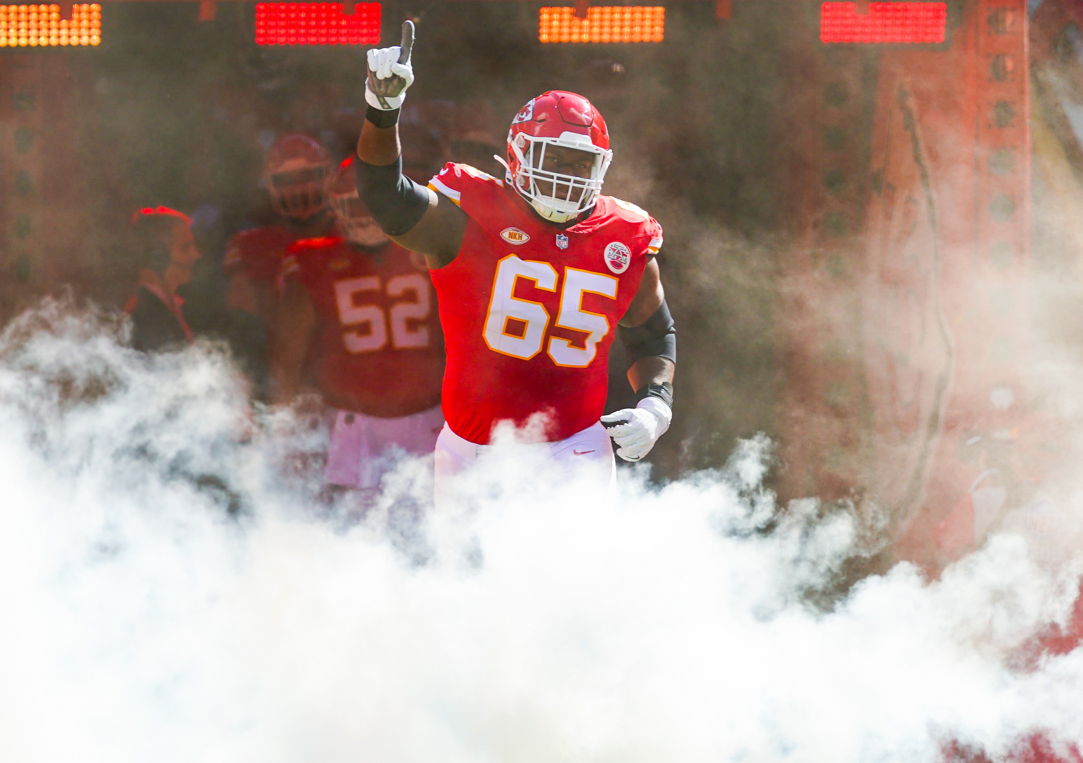 Sep 24, 2023; Kansas City, Missouri, USA; Kansas City Chiefs guard Trey Smith (65) takes the field prior to a game against the Chicago Bears at GEHA Field at Arrowhead Stadium.