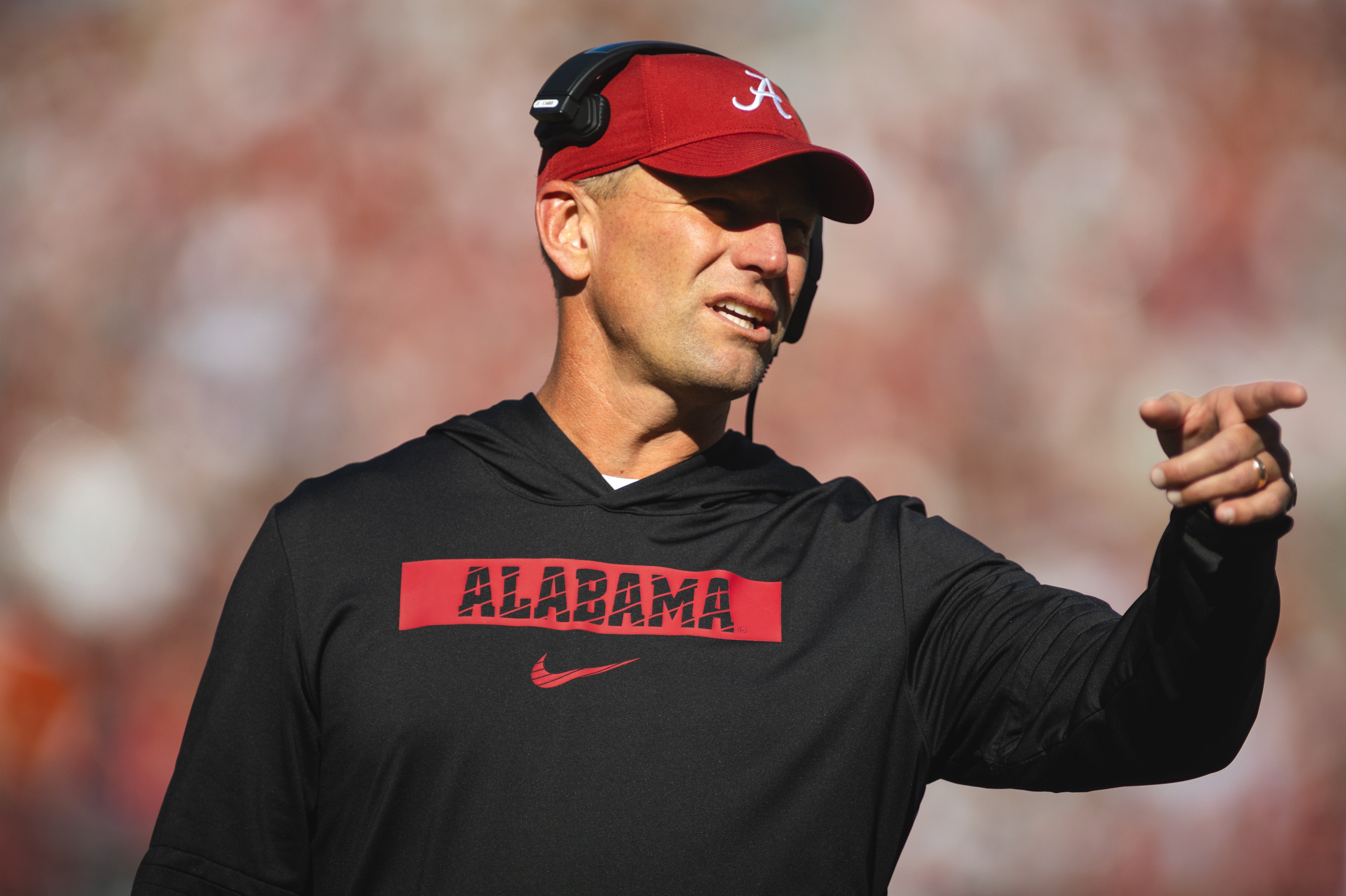 Nov 16, 2024; Tuscaloosa, Alabama, USA; Alabama Crimson Tide head coach Kalen DeBoer gestures during a timeout in the first quarter at Bryant-Denny Stadium.