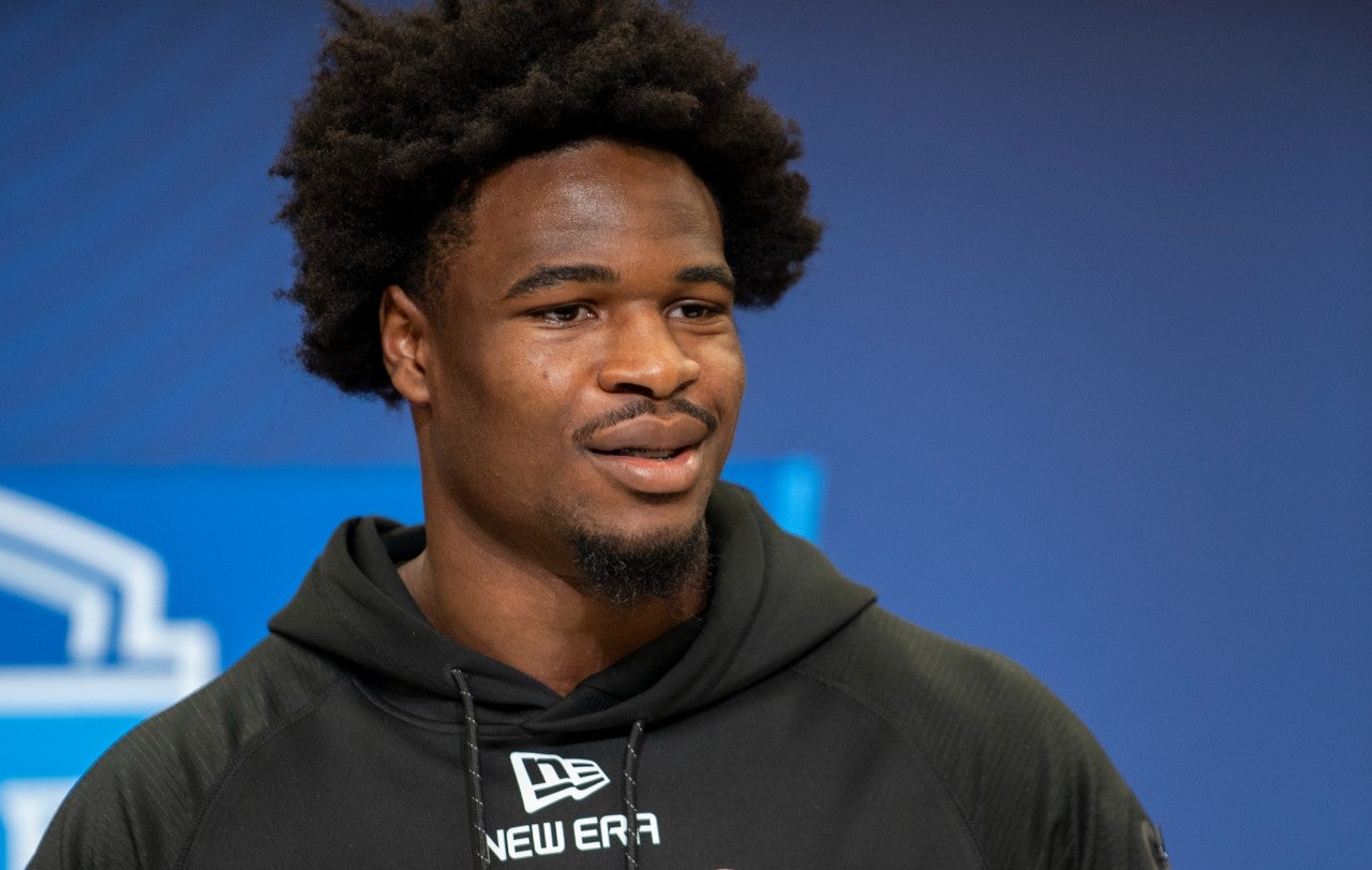 Feb 27, 2025; Indianapolis, IN, USA; South Carolina defensive back Nick Emmanwori (DB40) during the 2025 NFL Combine at Lucas Oil Stadium.