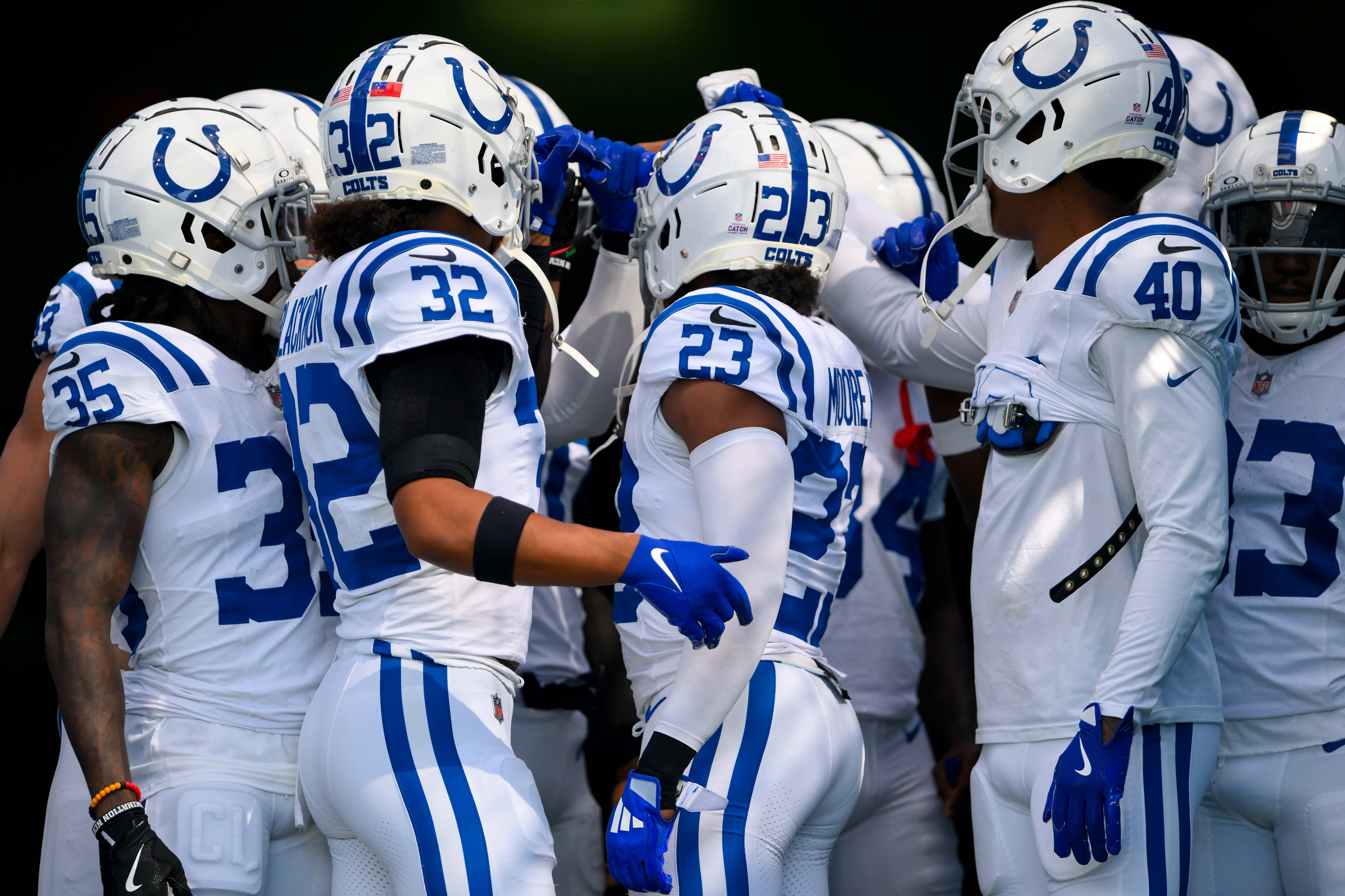 Oct 13, 2024; Nashville, Tennessee, USA; Indianapolis Colts defensive backfield in the tunnel during pregame warmups against the Tennessee Titans at Nissan Stadium.