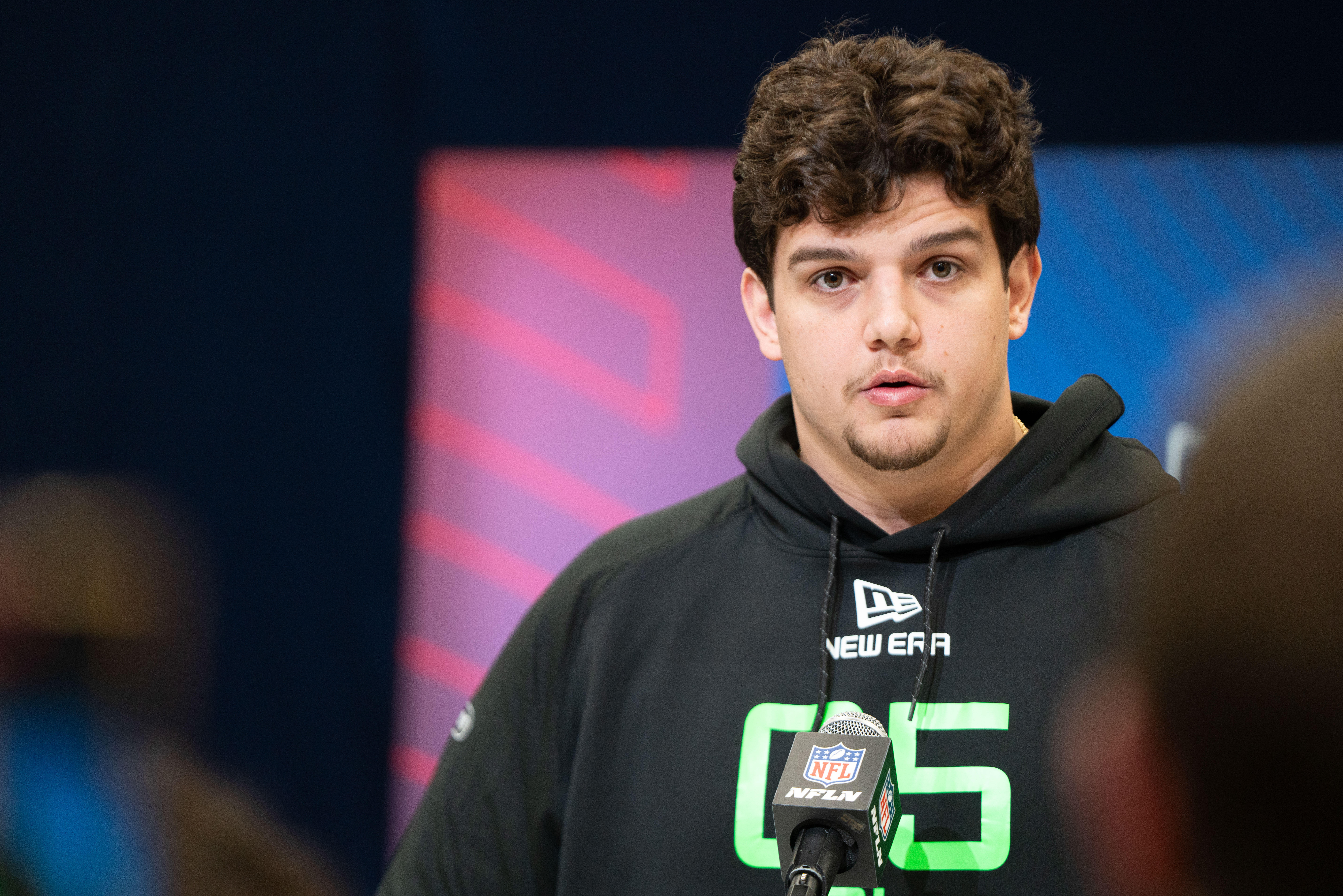 Mar 1, 2025; Indianapolis, IN, USA; Louisiana State University offensive lineman Will Campbell (OL05) answers questions at a press conference during the 2025 NFL Combine at Indiana Convention Center.
