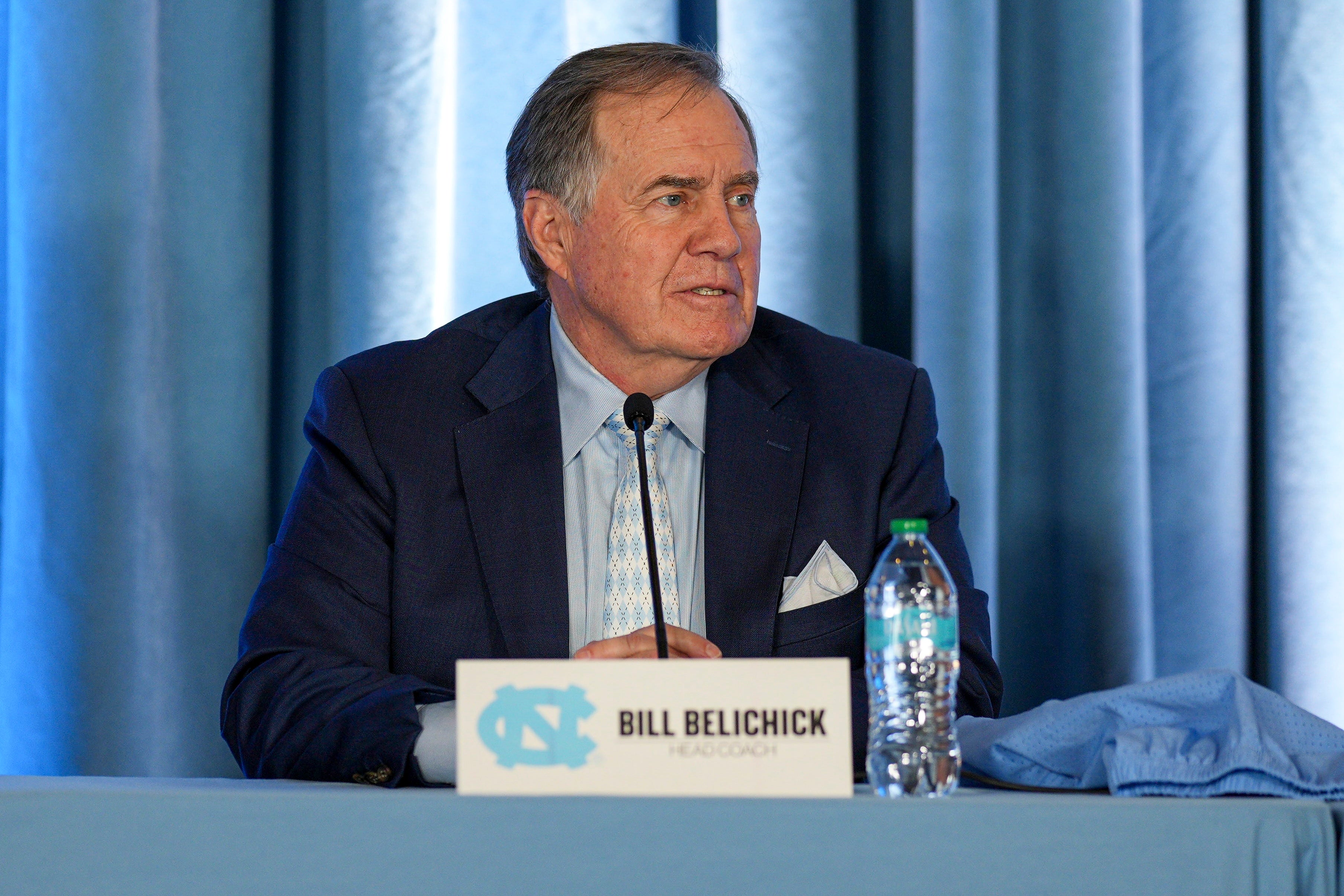 Dec 12, 2024; Chapel Hill, NC, USA; North Carolina Tar Heels new head coach Bill Belichick speaks to those attending his hiring announcement at Loudermilk Center for Excellence.