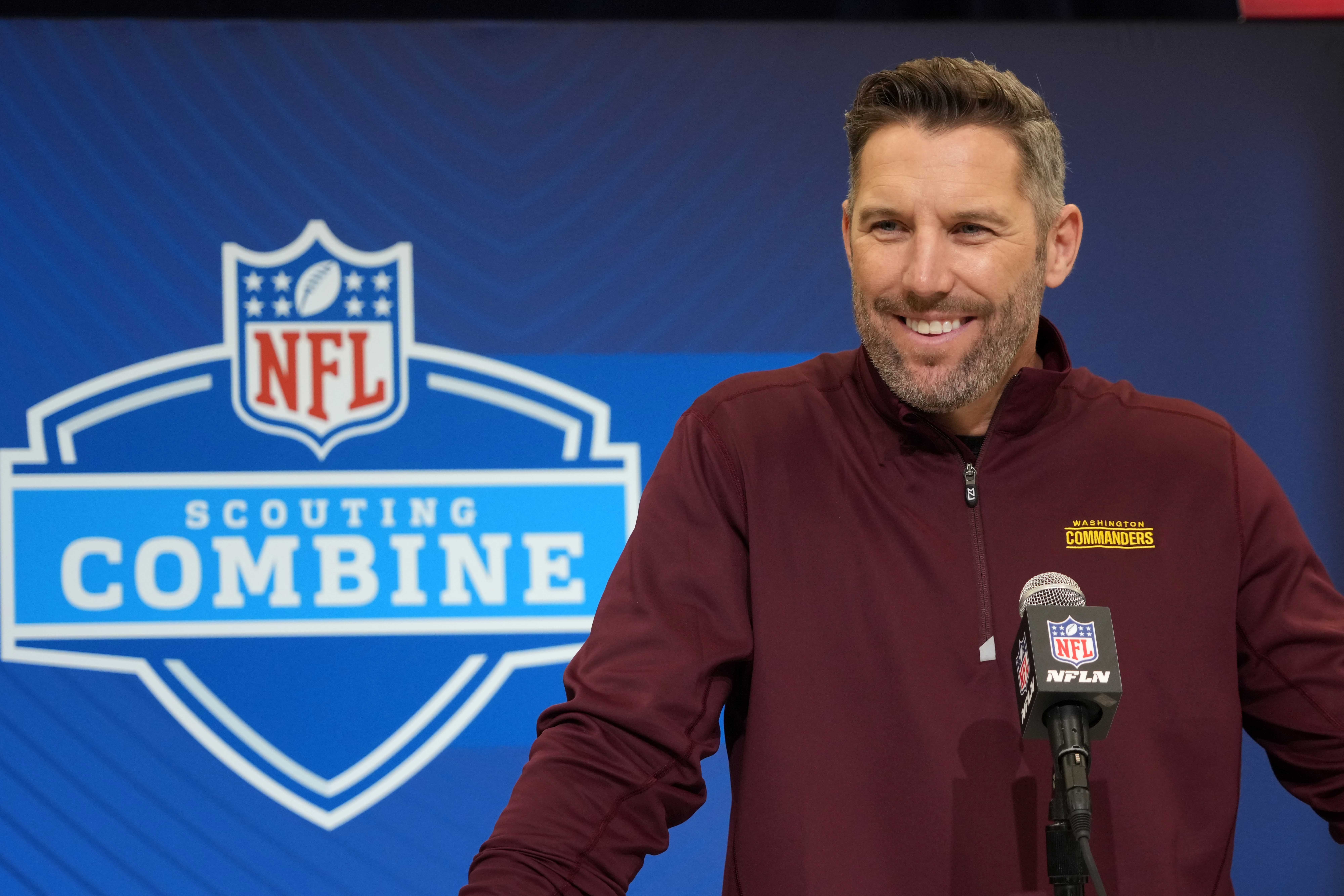 Feb 25, 2025; Indianapolis, IN, USA; Washington Commanders general manager Adam Peters speaks during the NFL Scouting Combine at the Indiana Convention Center.