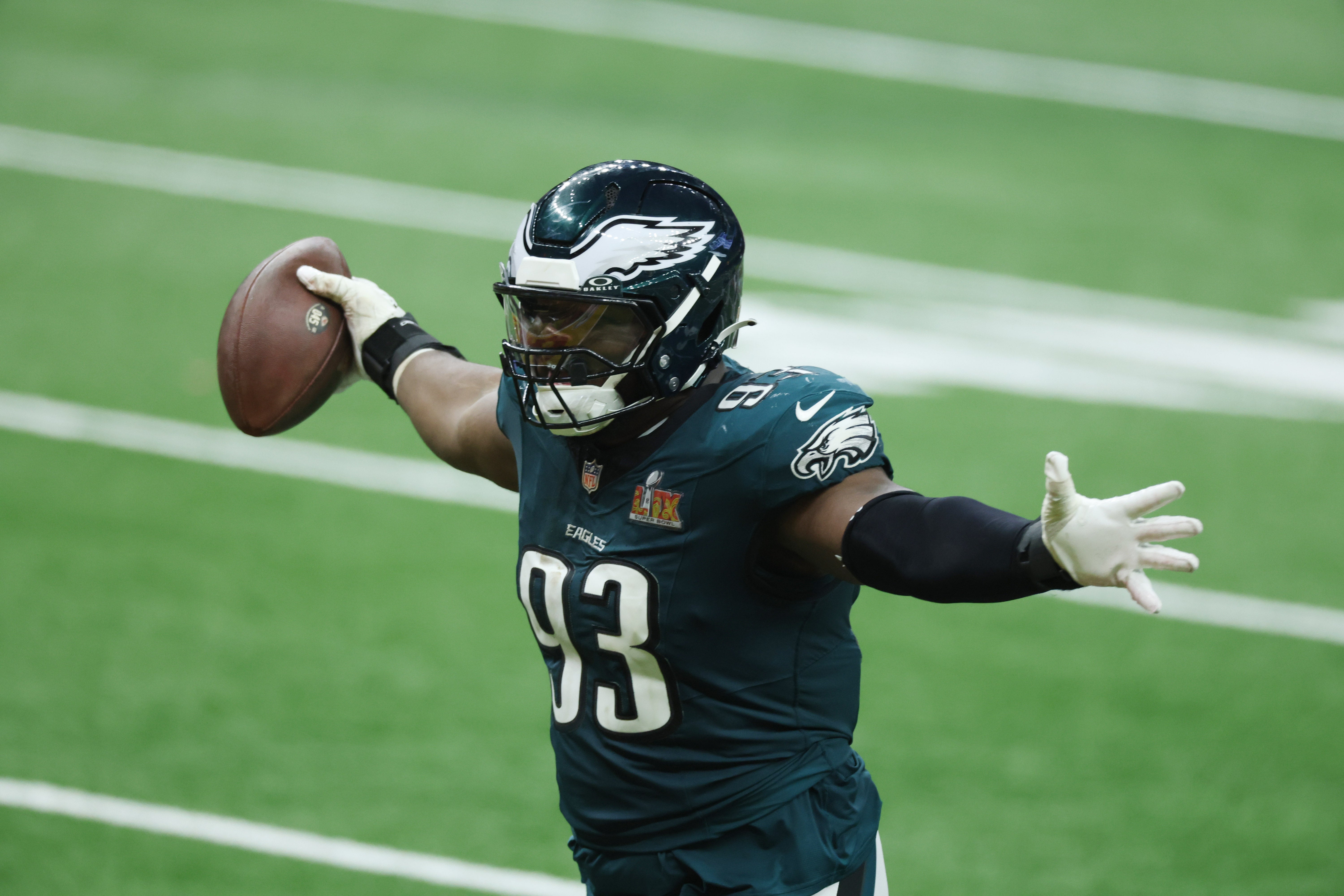 Feb 9, 2025; New Orleans, LA, USA; Philadelphia Eagles defensive tackle Milton Williams (93) celebrates a fumble recovery in the fourth quarter in Super Bowl LIX at Ceasars Superdome.