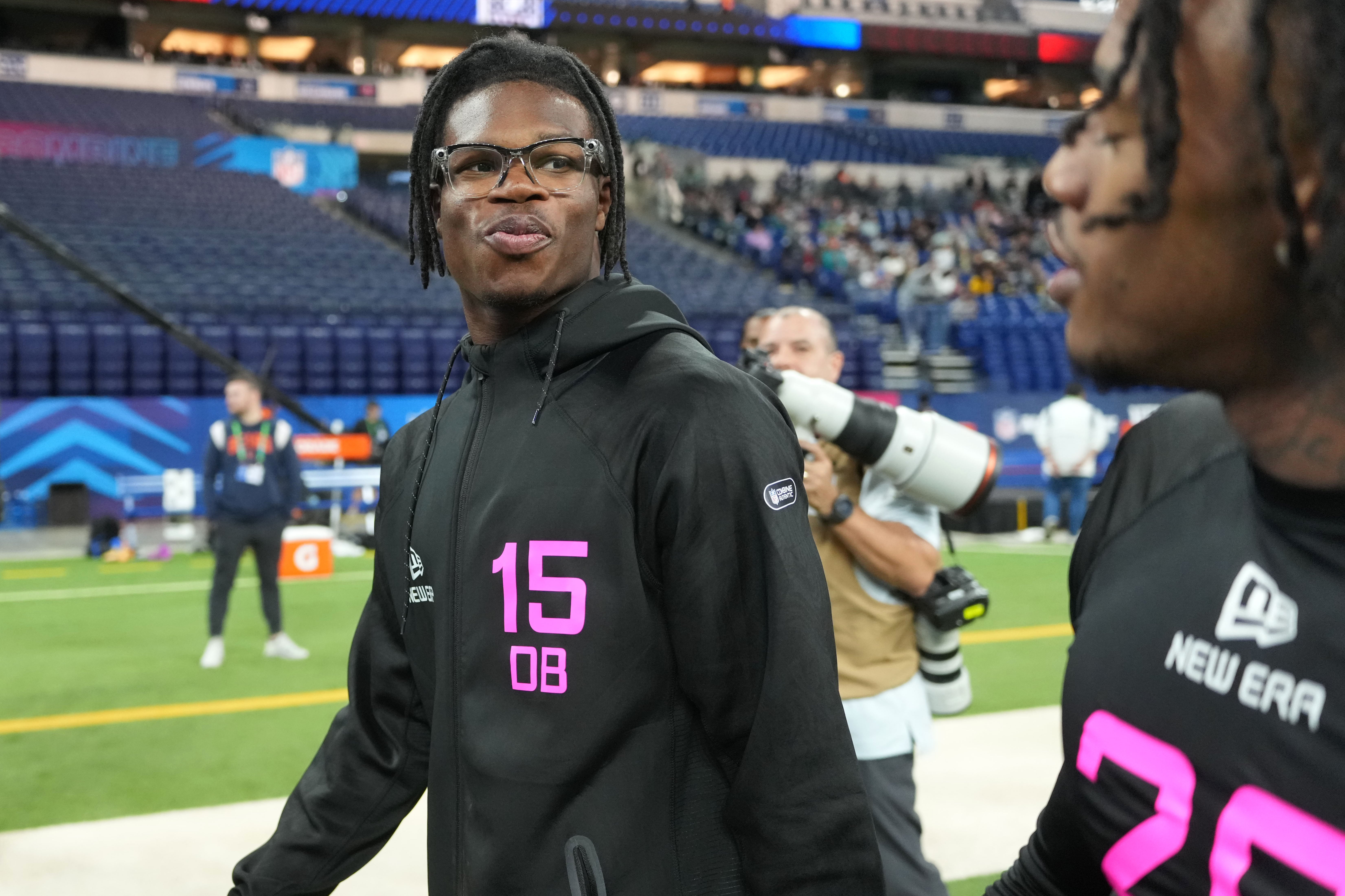 Colorado defensive back Travis Hunter (DB15) looks on during the 2025 NFL Combine at Lucas Oil Stadium.