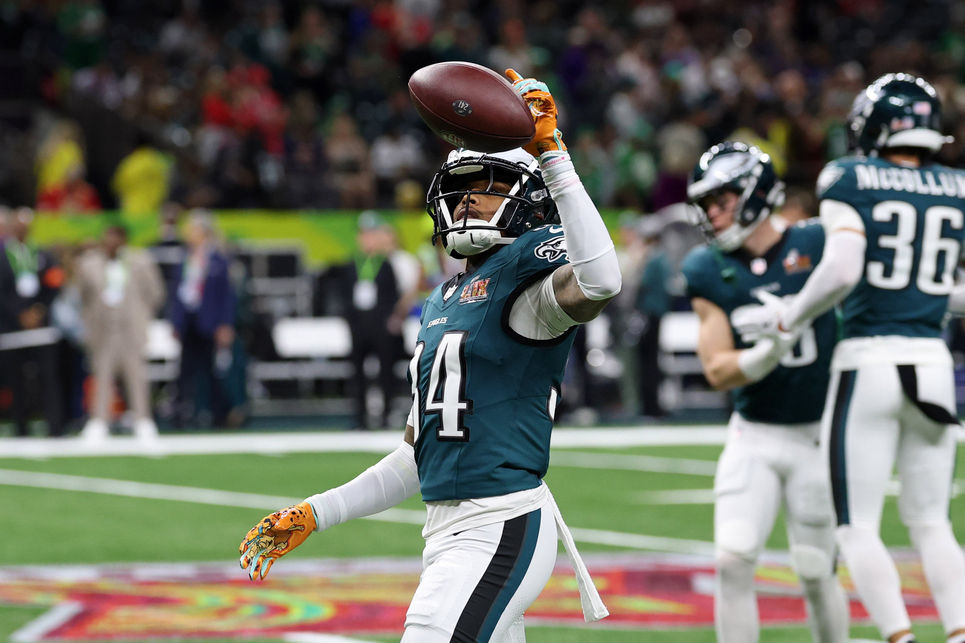 Philadelphia Eagles cornerback Isaiah Rodgers (34) before Super Bowl LIX between the Philadelphia Eagles and the Kansas City Chiefs at Caesars Superdome.