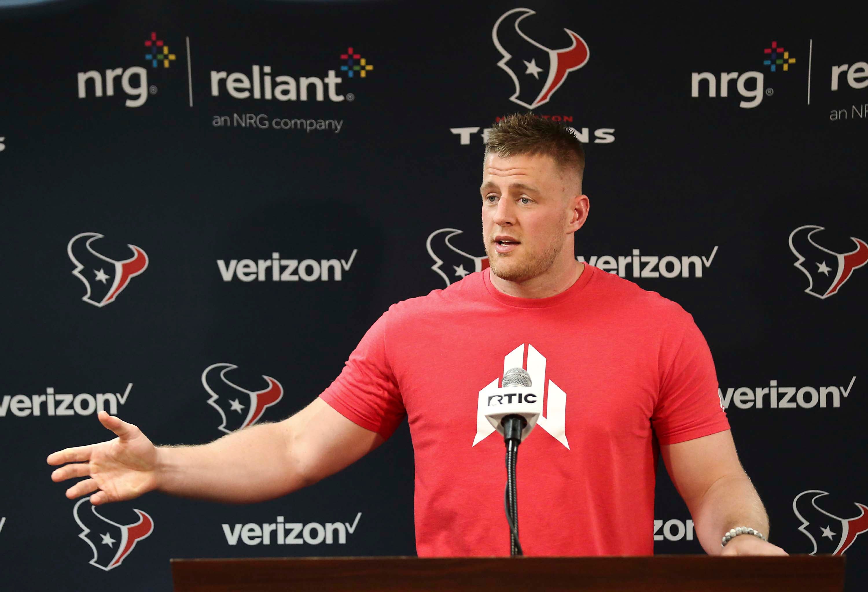 Jun 11, 2019; Houston, TX, USA; Houston Texans defensive end JJ Watt (99) talks to the media during a press conference in the media room at NRG Stadium.