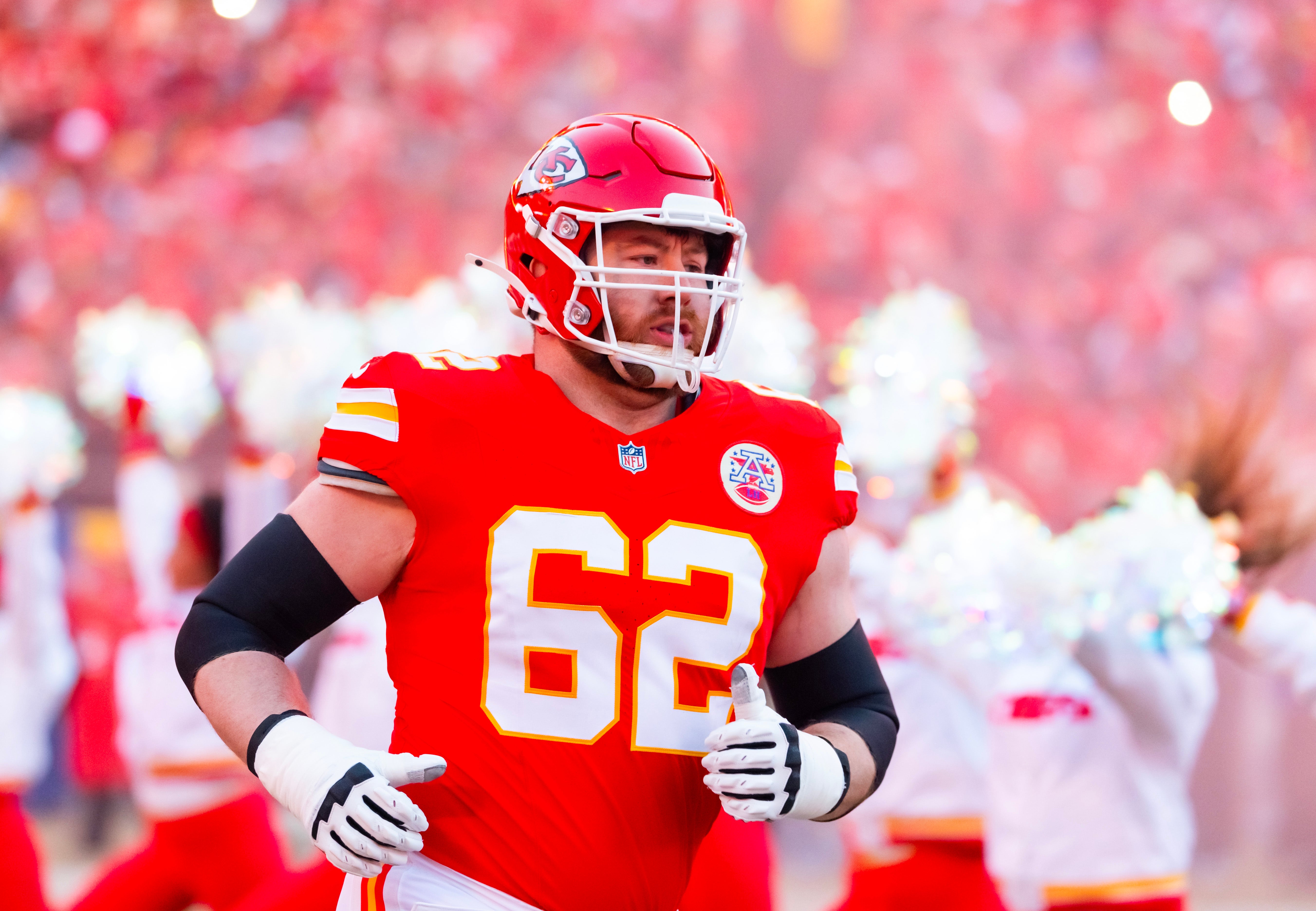 Jan 26, 2025; Kansas City, MO, USA; Kansas City Chiefs guard Joe Thuney (62) against the Buffalo Bills in the AFC Championship game at GEHA Field at Arrowhead Stadium.