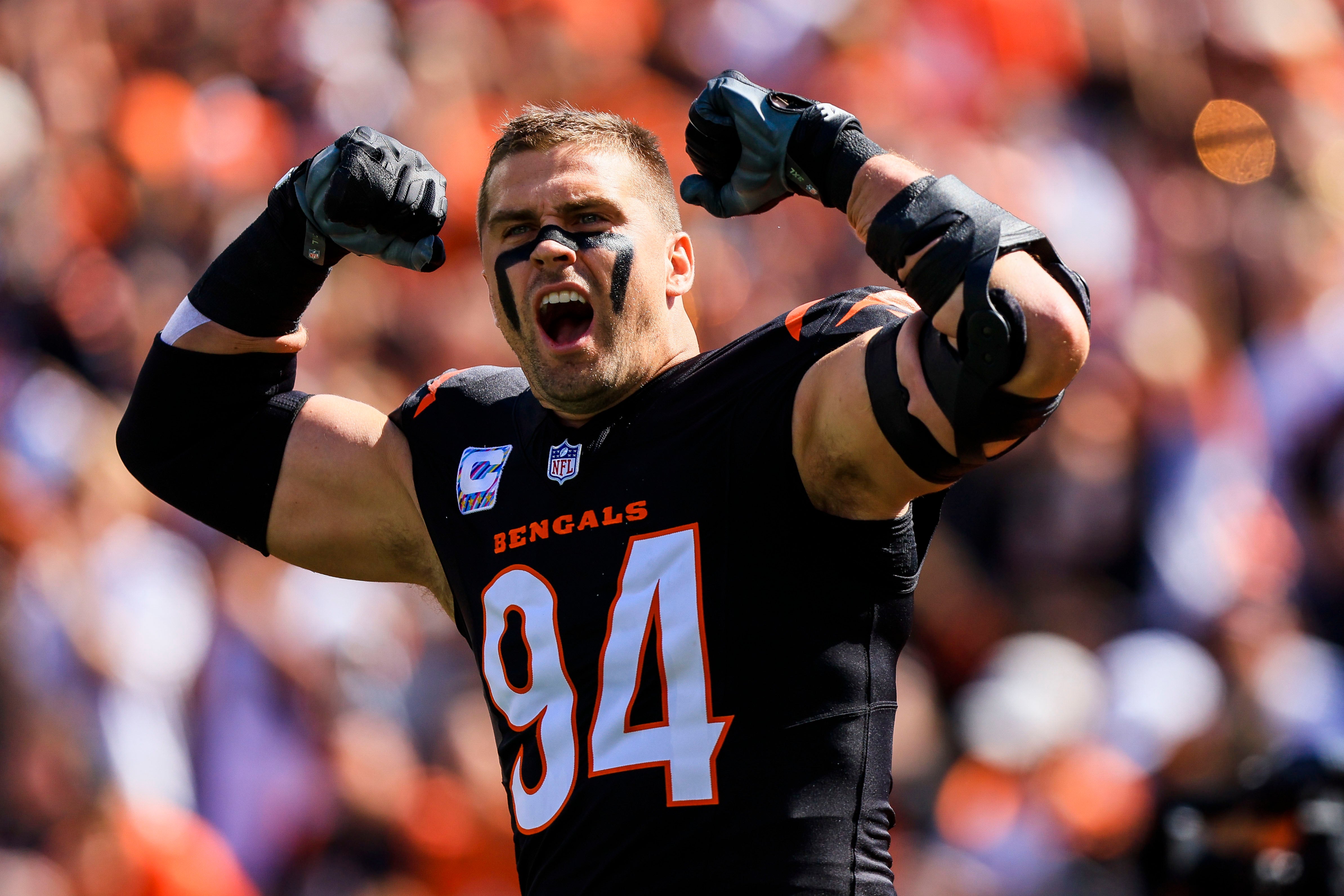 Oct 6, 2024; Cincinnati, Ohio, USA; Cincinnati Bengals defensive end Sam Hubbard (94) runs onto the field before the game against the Baltimore Ravens at Paycor Stadium.