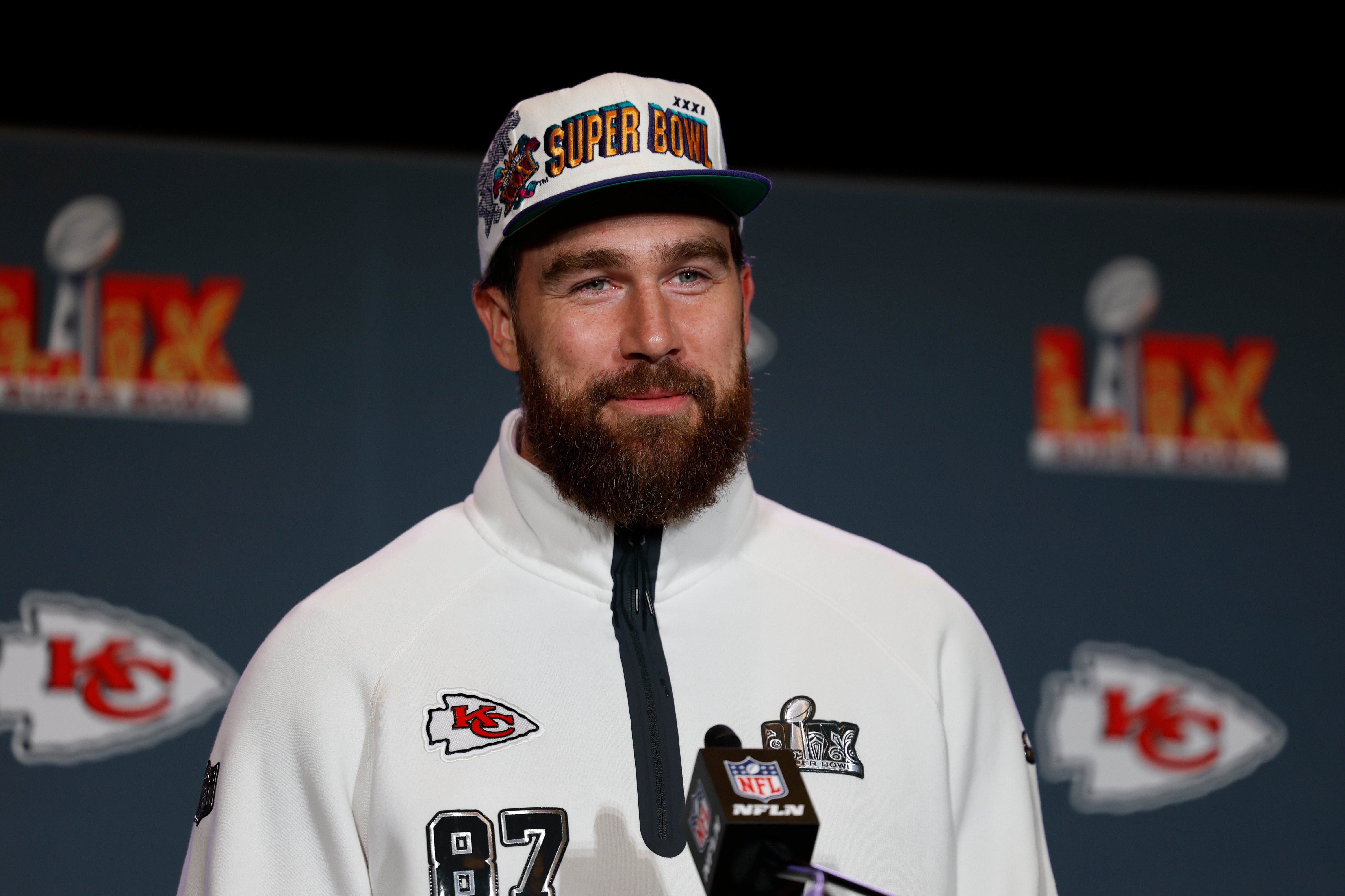 Feb 6, 2025; New Orleans, LA, USA; Kansas City Chiefs tight end Travis Kelce (87) during a press conference in advance of Super Bowl LIX at New Orleans Marriott.
