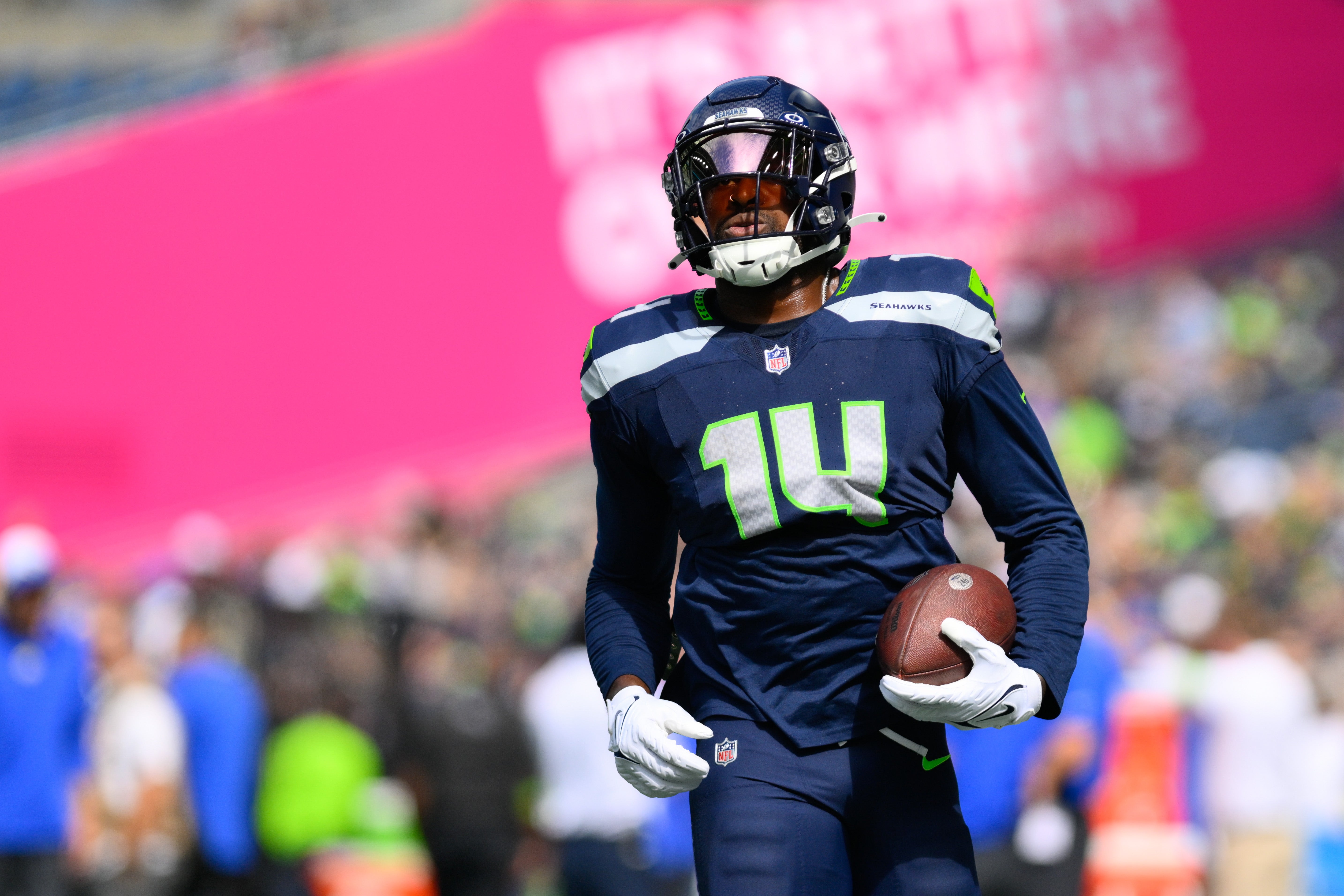 Sep 10, 2023; Seattle, Washington, USA; Seattle Seahawks wide receiver DK Metcalf (14) prior to the game against the Los Angeles Rams at Lumen Field.