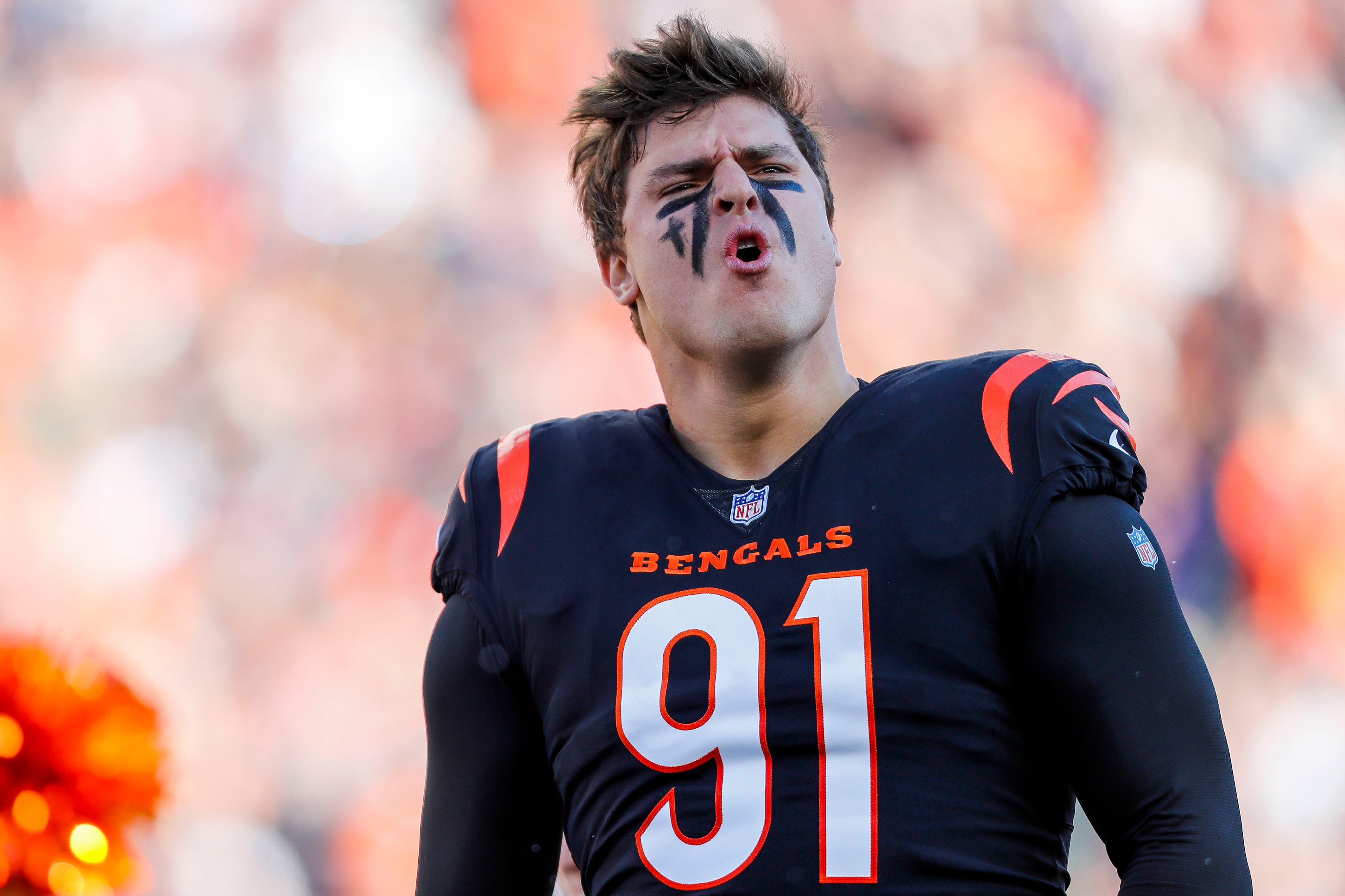 Nov 12, 2023; Cincinnati, Ohio, USA; Cincinnati Bengals defensive end Trey Hendrickson (91) runs onto the field before the game against the Houston Texans at Paycor Stadium.