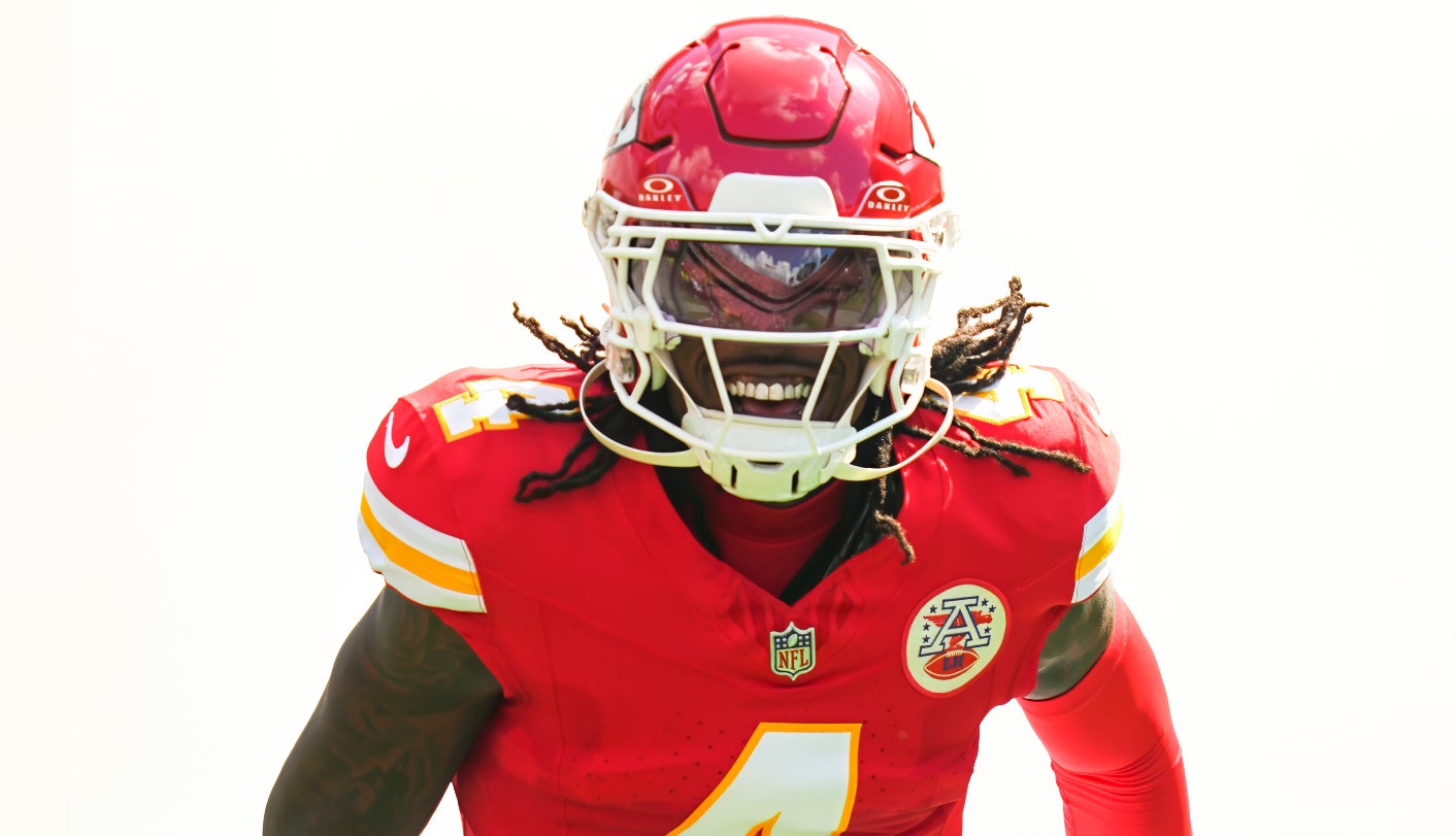 Sep 15, 2024; Kansas City, Missouri, USA; Kansas City Chiefs wide receiver Rashee Rice (4) takes the field prior to a game against the Cincinnati Bengals at GEHA Field at Arrowhead Stadium.